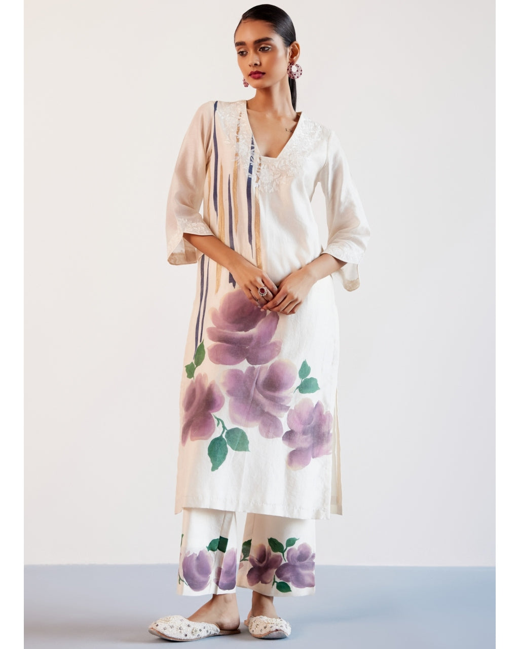 Hand-Painted Beige & Mauve Silk Chanderi Embroidered Kurta Set for Women | Traditional Indian Ethnic Wear | Perfect for Weddings, Festivals & Special Occasions