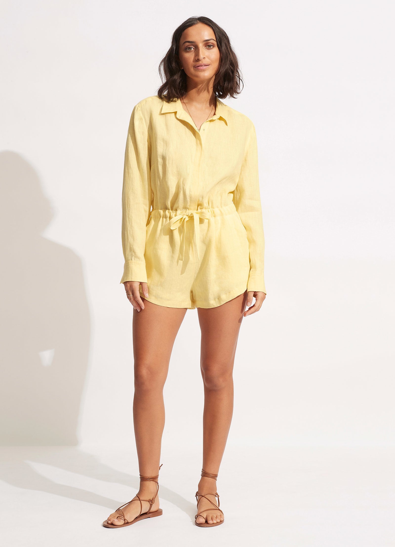 Stylish Linen Playsuit in Lemon Yellow - Perfect for Summer Outings & Beach Vacations