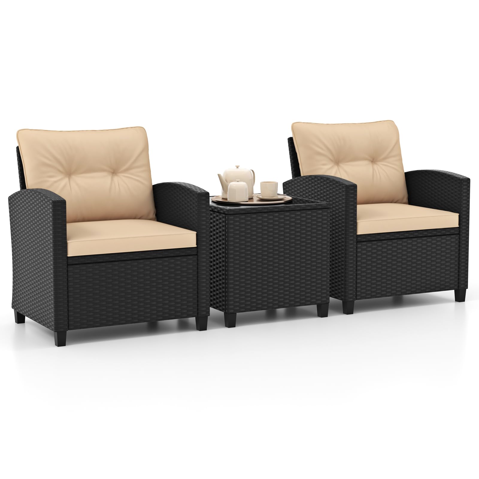 HAPPYGRILL 3-Piece PE Rattan Outdoor Patio Furniture Set with Tempered Glass Coffee Table & Washable Cushions - Wicker Bistro Sofa Conversation Set for Garden, Poolside, Balcony, Backyard (Beige) | Perfect for Relaxing, Entertaining & Outdoor Dining