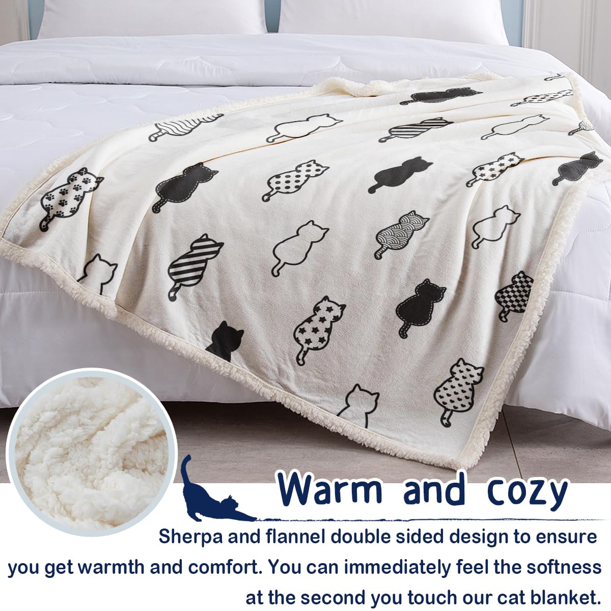 SOULZZZ Soft Fleece Sherpa Cat Blanket - Cozy Plush Throw for Women, Girls & Cat Lovers - 80x60 Inch Black & White Kawaii Kitten Blanket - Perfect for Cuddling, Sofa Lounging & Gift Giving