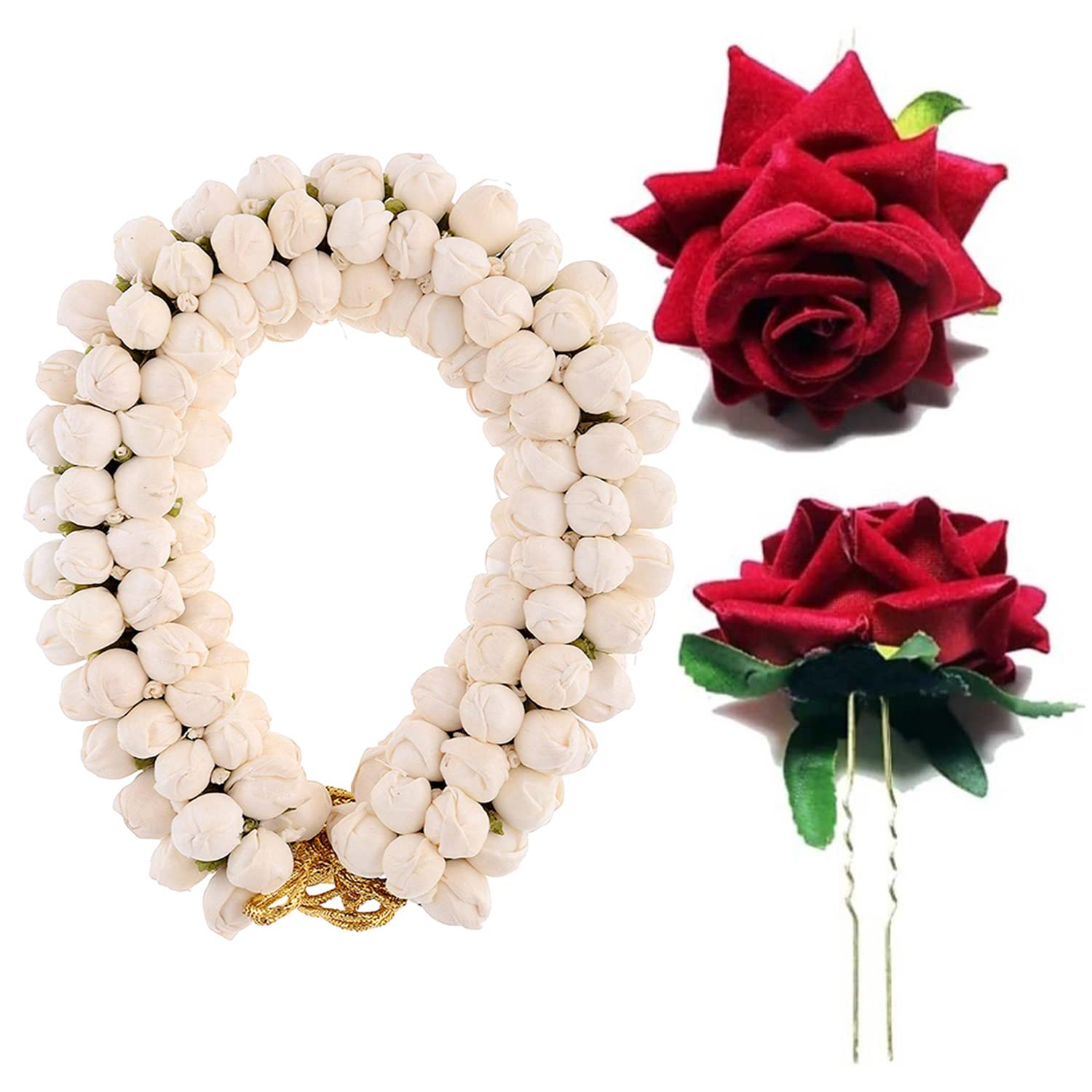 PRAVRAJYA 2-Pack Artificial Hair Bun Set with Gajra & Rose Flower U-Pin Hair Clips for Women & Girls – Perfect for Weddings, Parties & Daily Styling