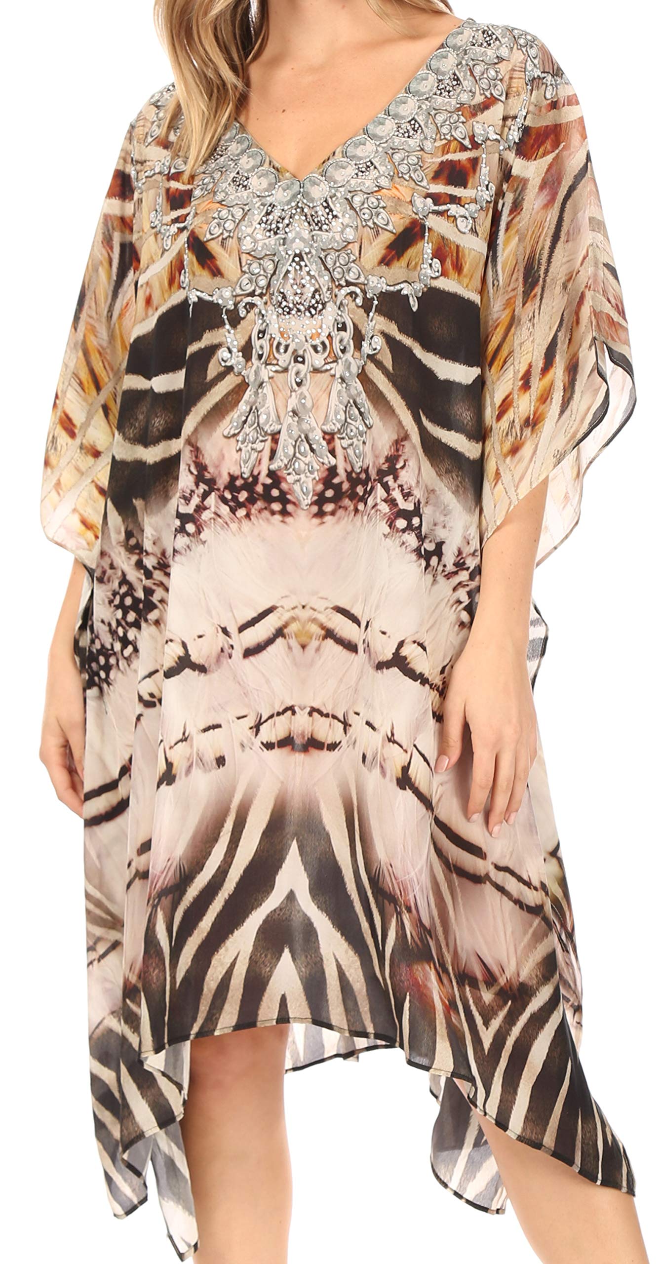 Sakkas Women's Lightweight Rhinestone V-Neck Printed Short Caftan Dress - Beach Cover Up, Pool Party, Summer Vacation Outfit