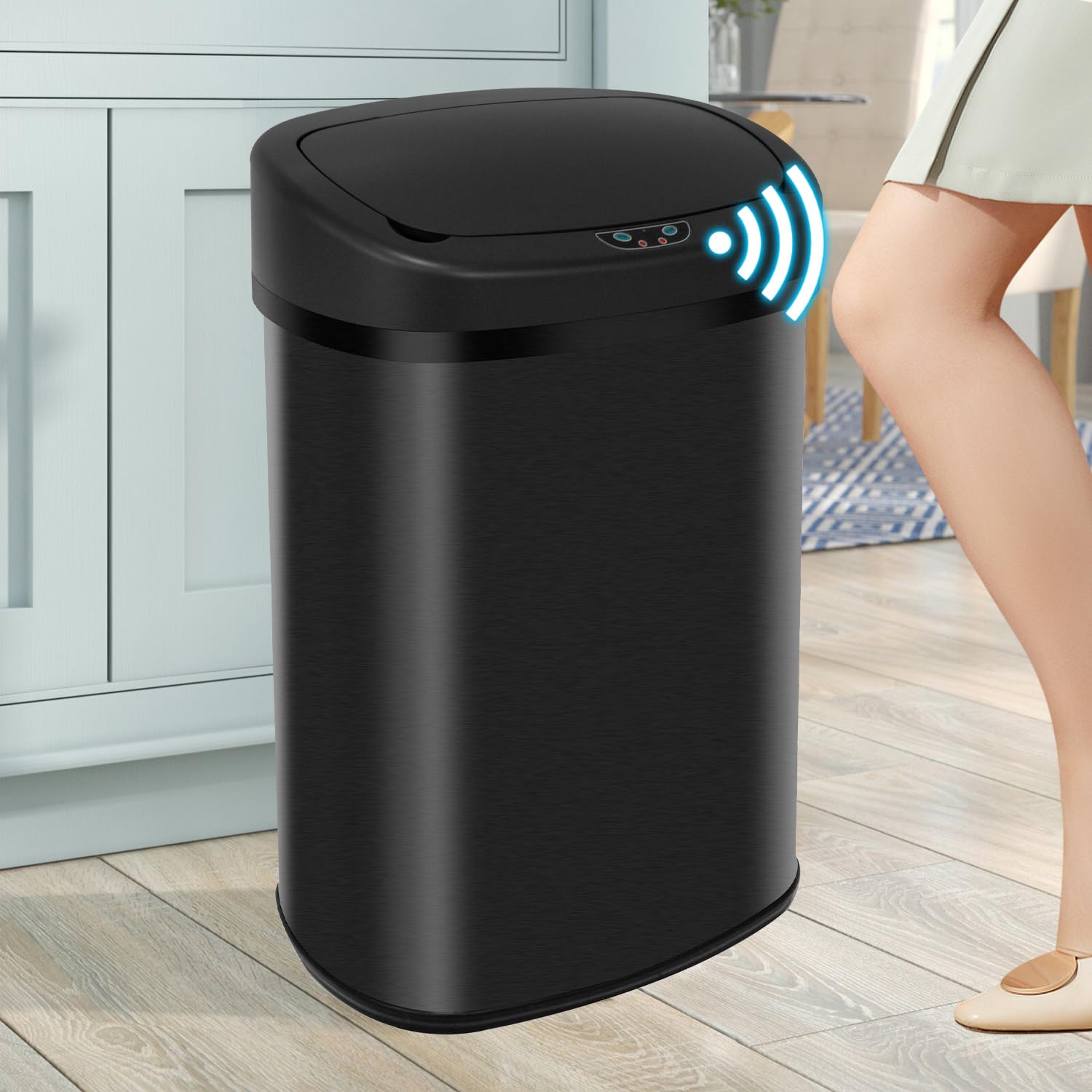BLKMTY 13-Gallon Stainless Steel Automatic Trash Can with Motion Sensor - 50L Touch-Free Garbage Bin with Lid for Kitchen, Office & Bathroom - Sleek Black Metal Waste Bin for Hands-Free Disposal & Hygiene