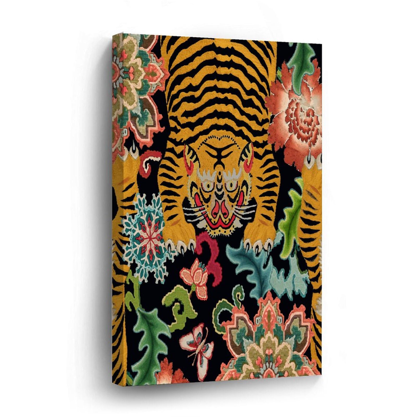 Vibrant Tiger & Chinoiserie Floral Canvas Wall Art - Asian Style Framed Print Decor for Living Room, Bedroom, Office - Ready to Hang 8x12 Inch - Perfect for Home Decor, Housewarming Gifts & Interior Design