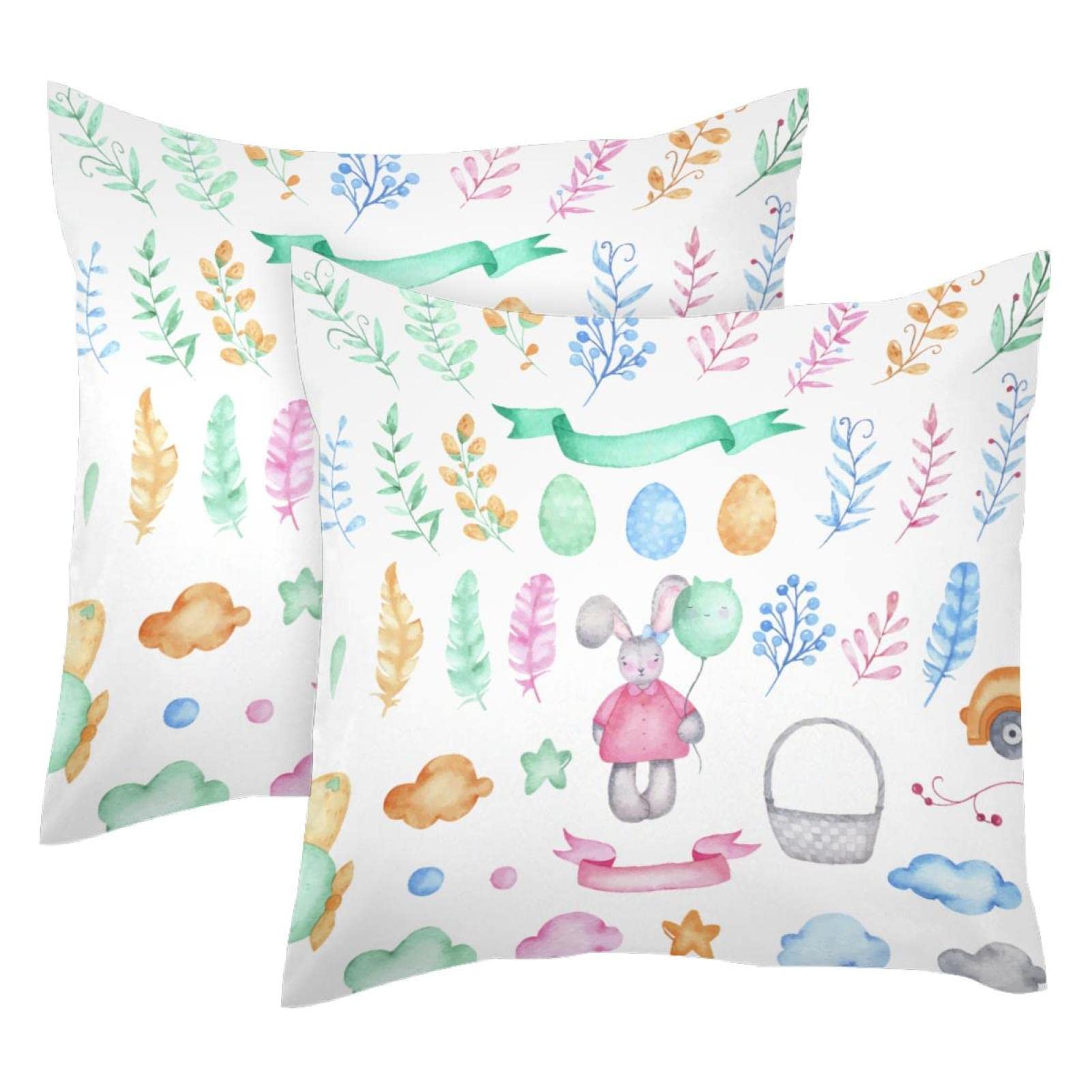 2 Pack 16x16 Inch Square Throw Pillow Covers - Ultra Soft Decorative Cushion Covers for Sofa, Bed, Car - Watercolor Easter Bunny Design - Perfect for Easter Decor, Home Party, Living Room & Bedroom Decorations