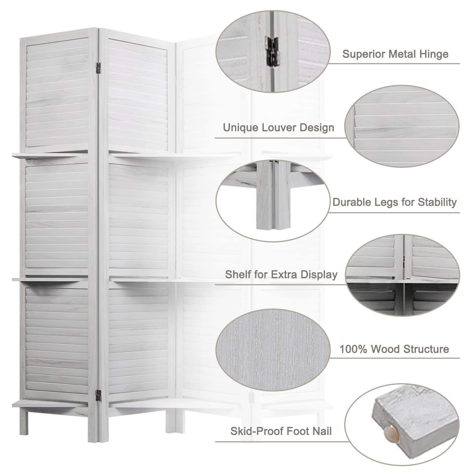 6 Panel Wood Room Divider with Shelves - Foldable Privacy Screen & Temporary Wall Partition - Grey - Perfect for Home Office, Studio Apartment & Room Separation