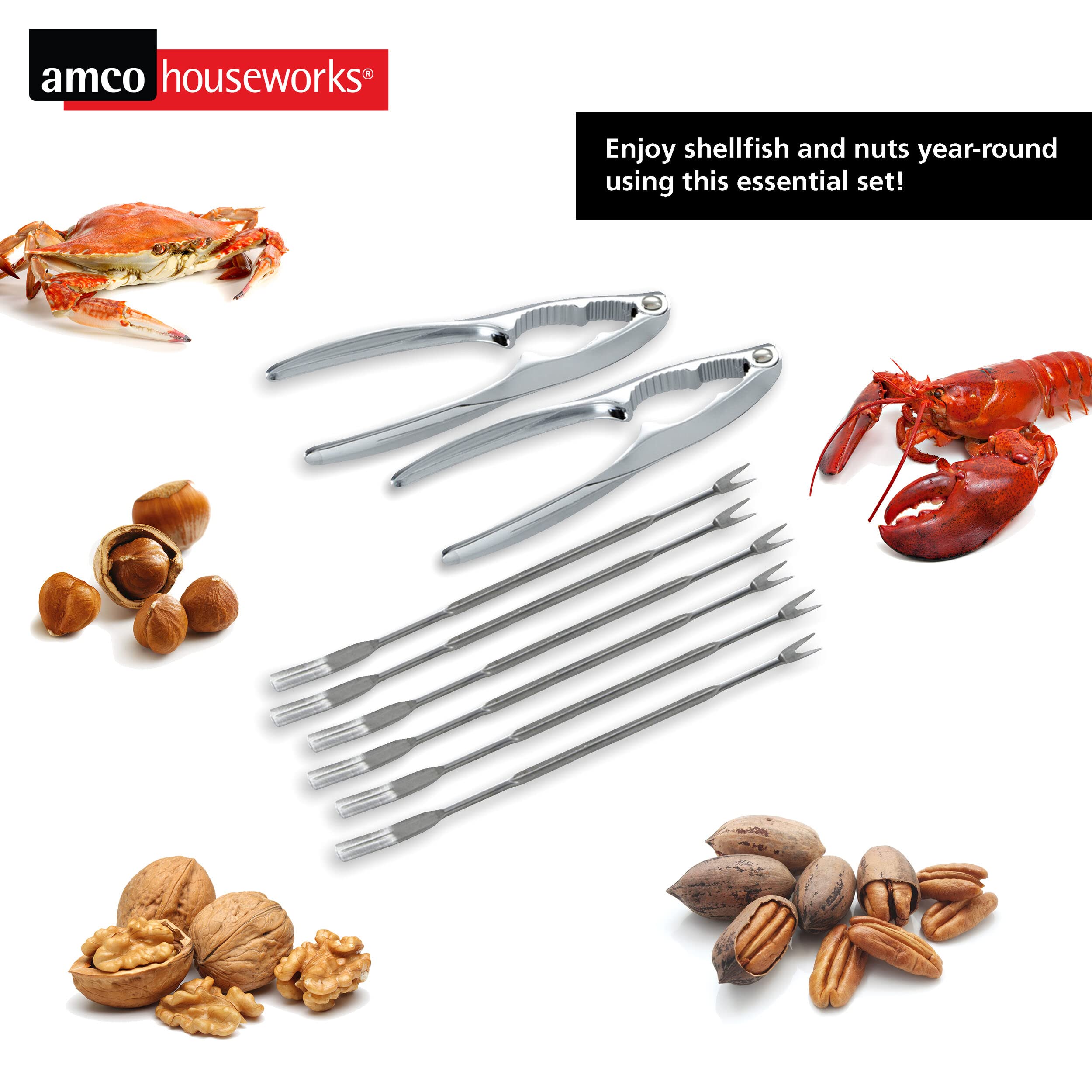 Amco Premium Stainless Steel Seafood Tool Set - 3-Piece Crab & Lobster Cracker, Shellfish Scissors, Nut Cracker - Durable Kitchen Utensils for Cracking Shells, Shrimp, Nuts - Perfect for Seafood Restaurants, Home Cooking, Beach Parties & Outdoor BBQs