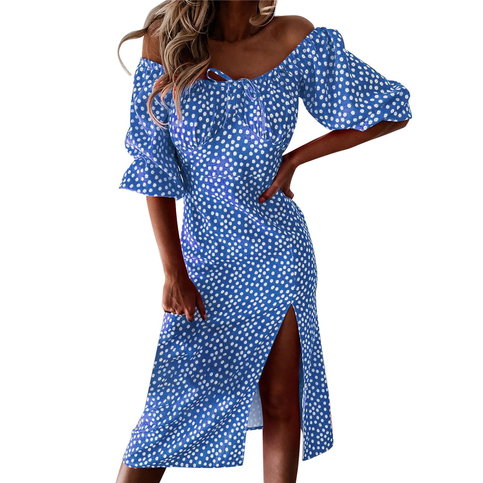 Women's Summer Business Casual Dresses - Boho Flowy Cottagecore Style with Puff Sleeves & Off Shoulder Design | Perfect for Office Wear, Beach Vacations & Summer Parties