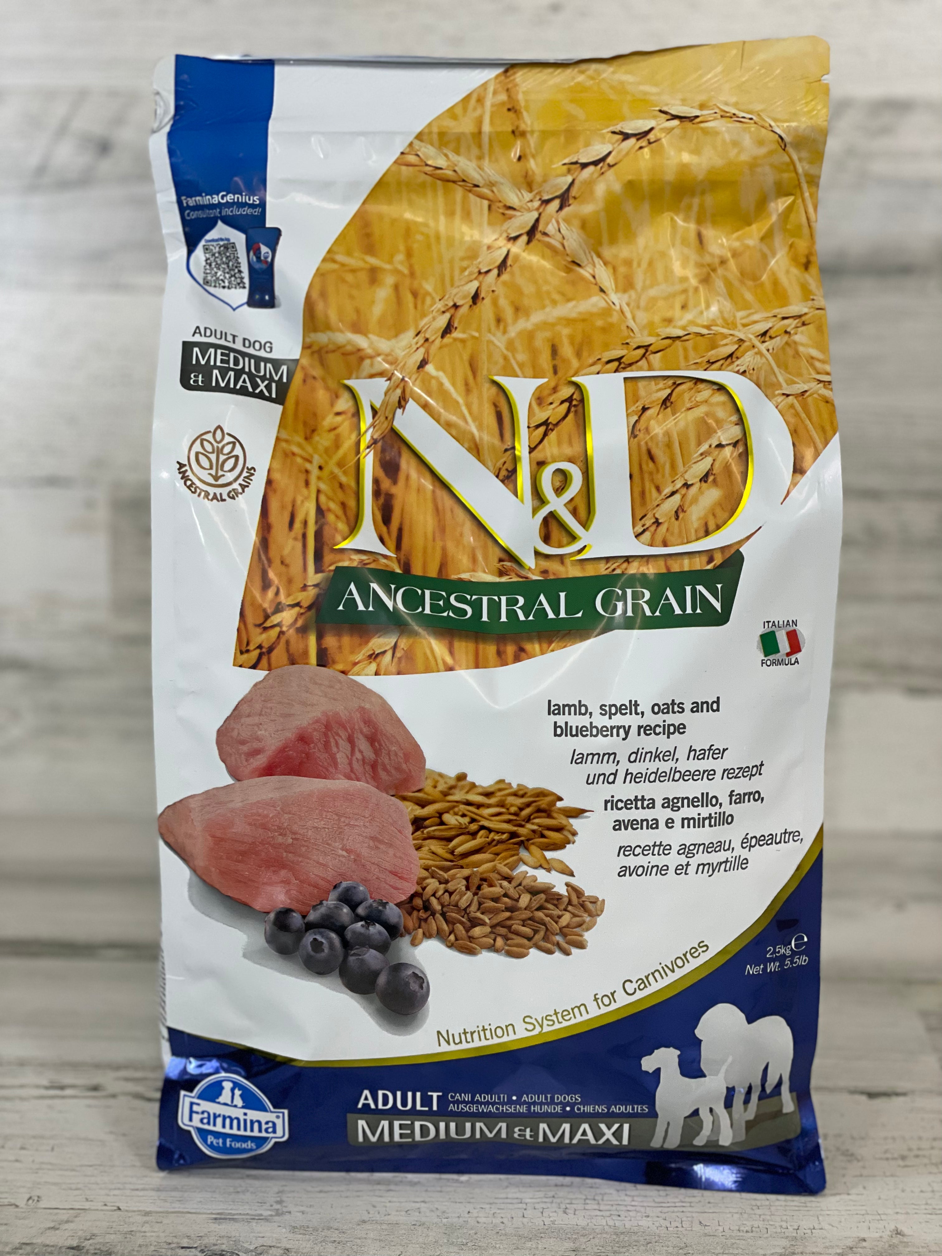 Premium N&D Farmina Ancestral Grain Lamb & Blueberry Dry Dog Food - Natural Nutrition for Adult Dogs - Perfect for Active Pets & Sensitive Stomachs