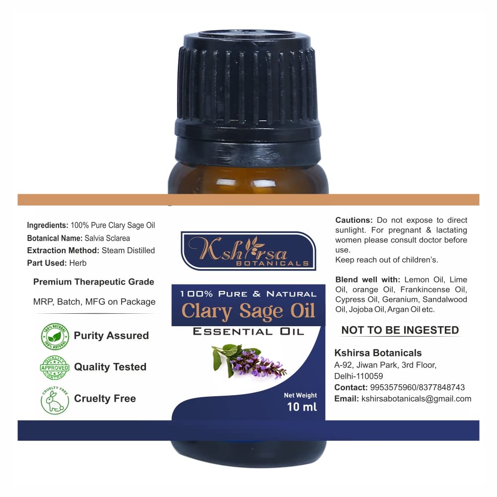 Pure & Natural Clary Sage Essential Oil (Salvia Sclarea) 10ml with Euro Dropper - Organic Skin Care, Hair Growth & Aromatherapy - Perfect for Massage, Diffusers & DIY Beauty Products
