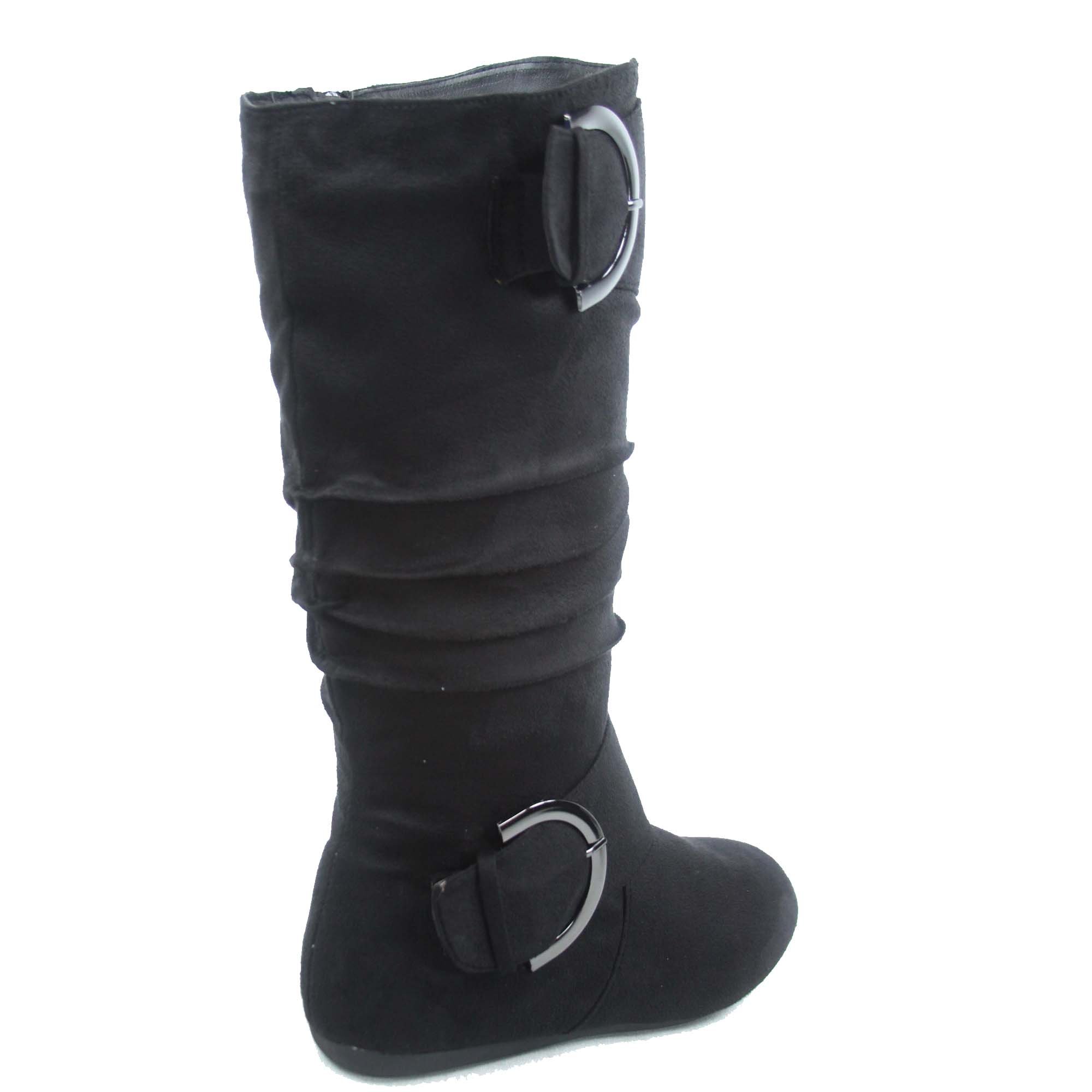 TOP Moda Bank-81 Women's Fashion Round Toe Flat Heel Zipper Buckle Slouchy Mid Calf Boots for Casual Outfits & Fall Winter Wear