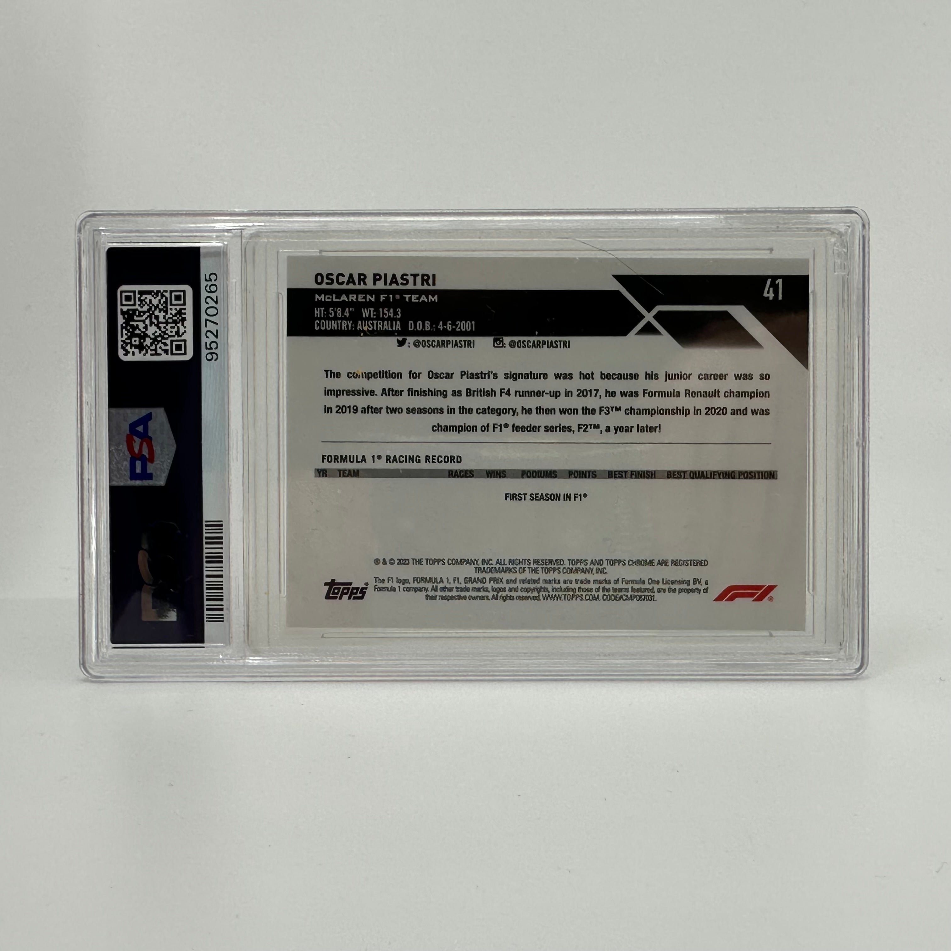 2023 Topps Chrome F1 Oscar Piastri #41 Gold Sapphire Rookie Card PSA 10 39/50 - Perfect for F1 Collectors and Racing Memorabilia Enthusiasts