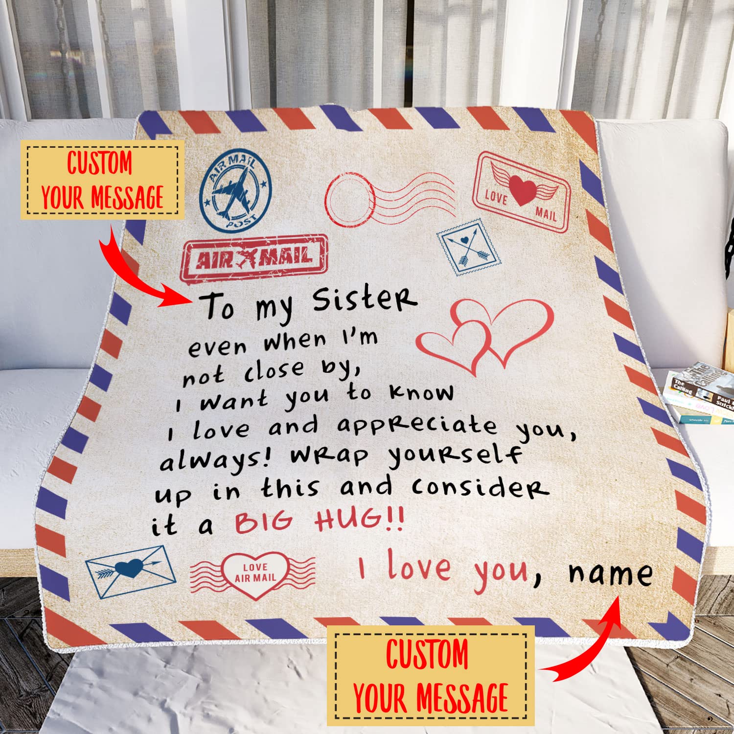 Personalized Air Mail Letter To My Sister Throw Blanket - Custom Name Gift for Big Sister from Little Brother - Birthday & Christmas Present - Cozy Flannel Blanket for Bed, Couch & Home Decor
