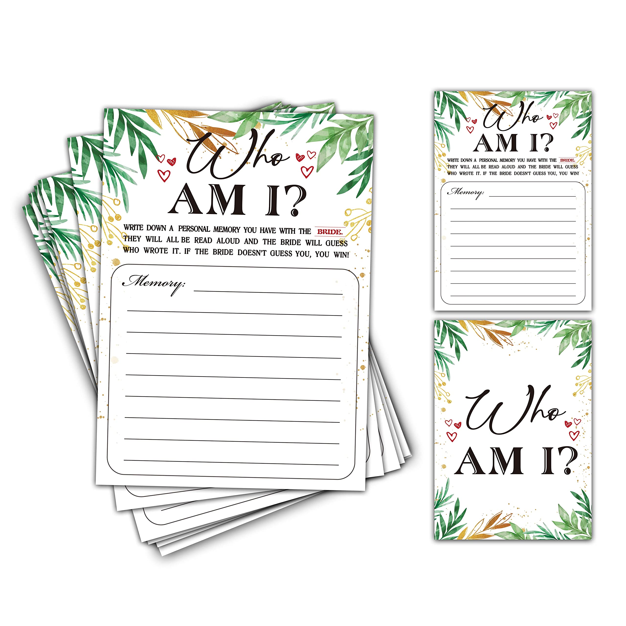 Bridal Shower Games - Who Am I Wedding Party Game - 30 Gold Foil Greenery Eucalyptus Bachelorette Party Cards for Engagement & Bridal Showers - Fun Icebreaker Activity for Wedding Celebrations
