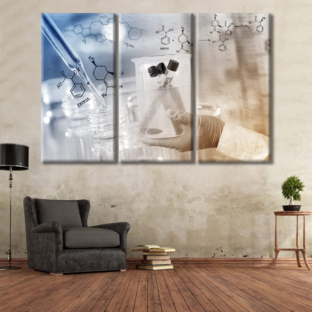 3-Piece Framed Laboratory Wall Art - Gloved Hand Holding Beaker in Lab Room, Ready to Hang 60