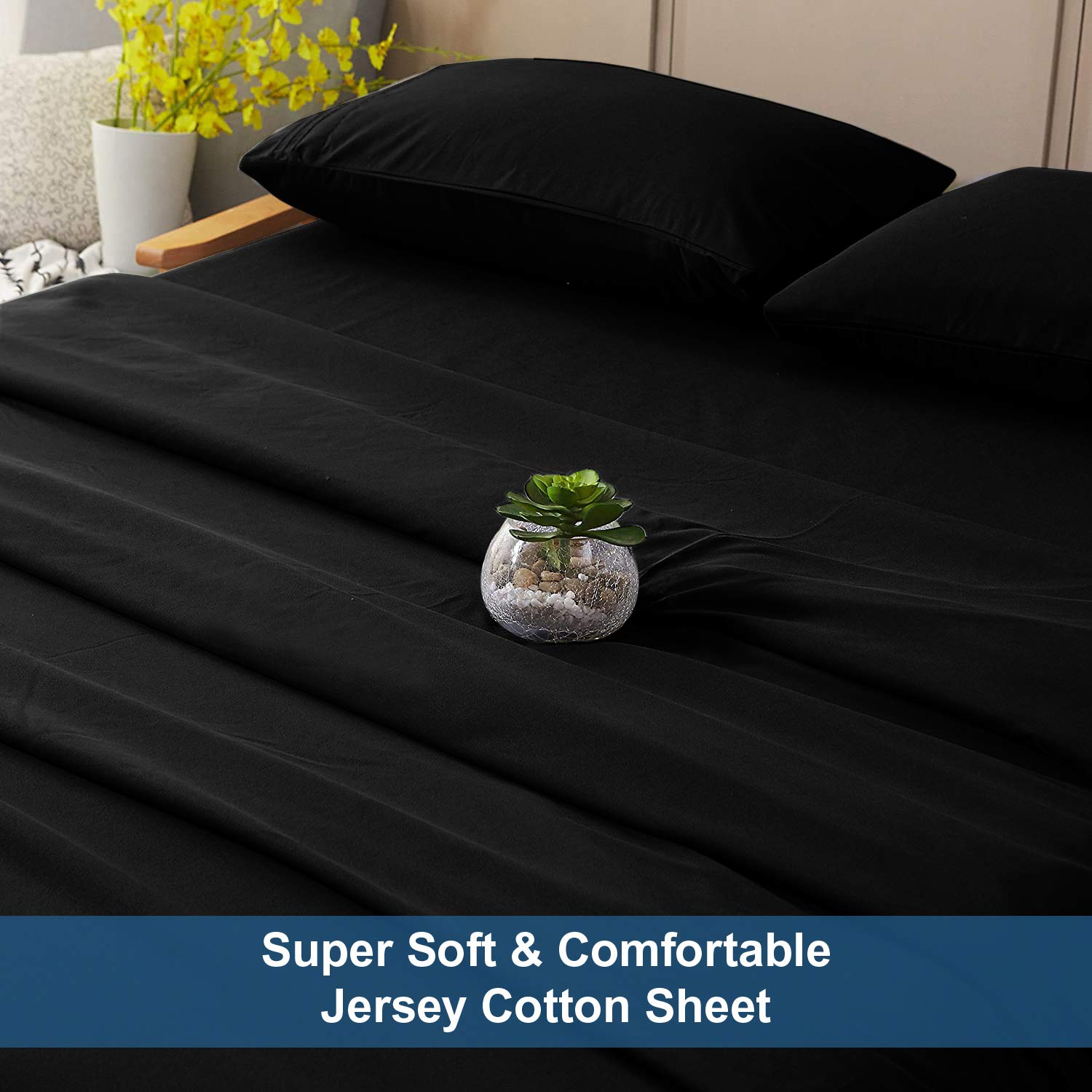 Luxury 100% Cotton Twin Jersey Sheet Set - Ultra Soft T-Shirt Material All Season Bedding - Deep Pocket Fitted Sheet (3Pc, Twin, Black) for Comfortable Sleep & Cozy Nights - Perfect for Guest Rooms, Dorms & Master Bedrooms