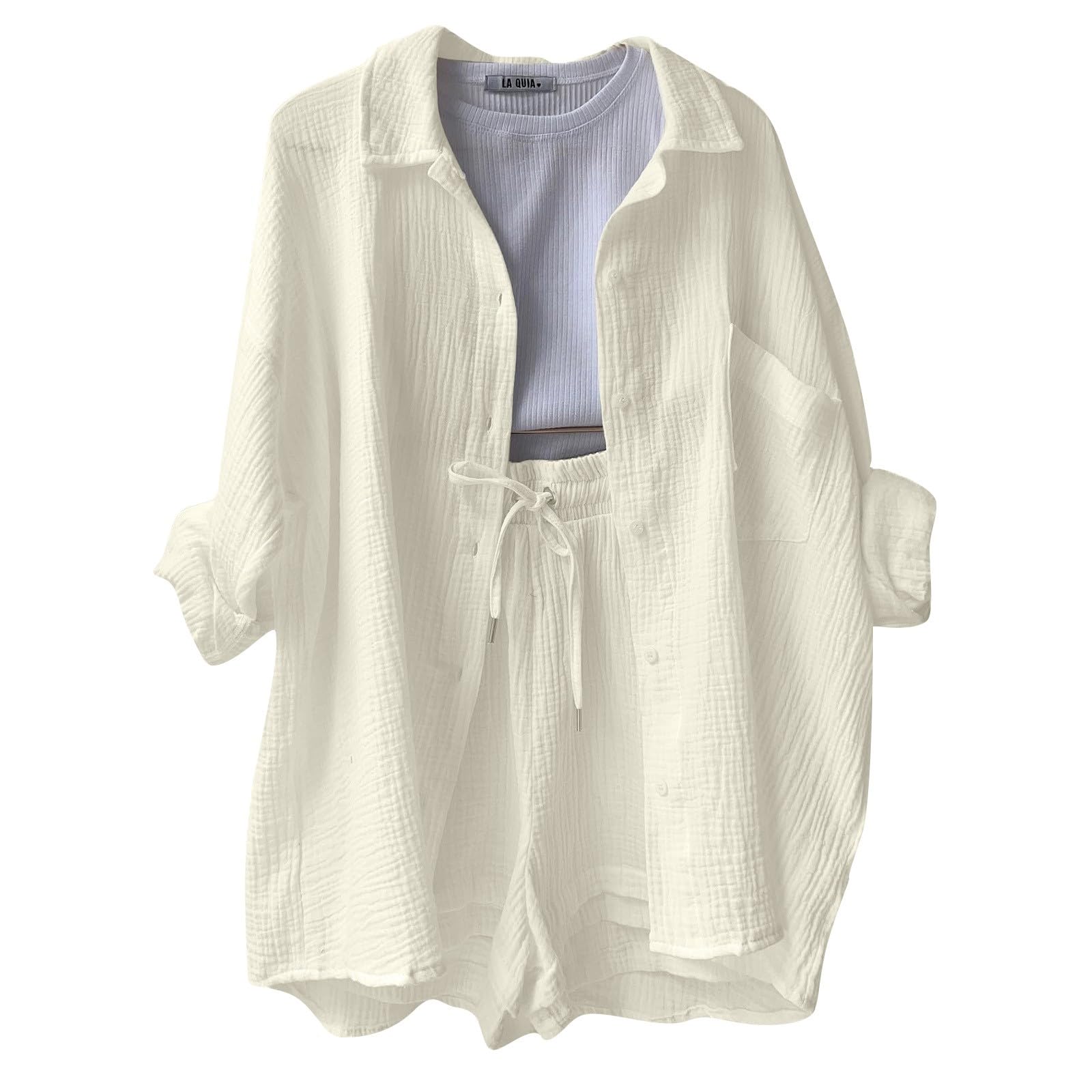 Women's 2-Piece Summer Outfit Set - Long Sleeve Shirt & Shorts for Beach, Vacation & Casual Wear | Breathable Holiday Leisure Top & Bottom Set