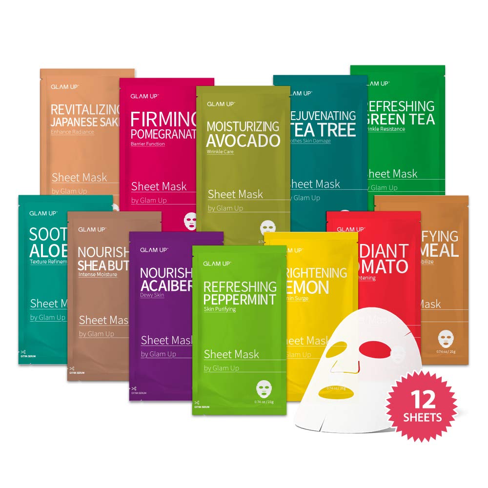 GLAM UP Premium Facial Sheet Mask 12-Piece Variety Pack | Hydrating, Moisturizing & Soothing Skincare for All Skin Types | Korean Beauty Face Masks for Daily Care, Spa Day & Self-Care Routine