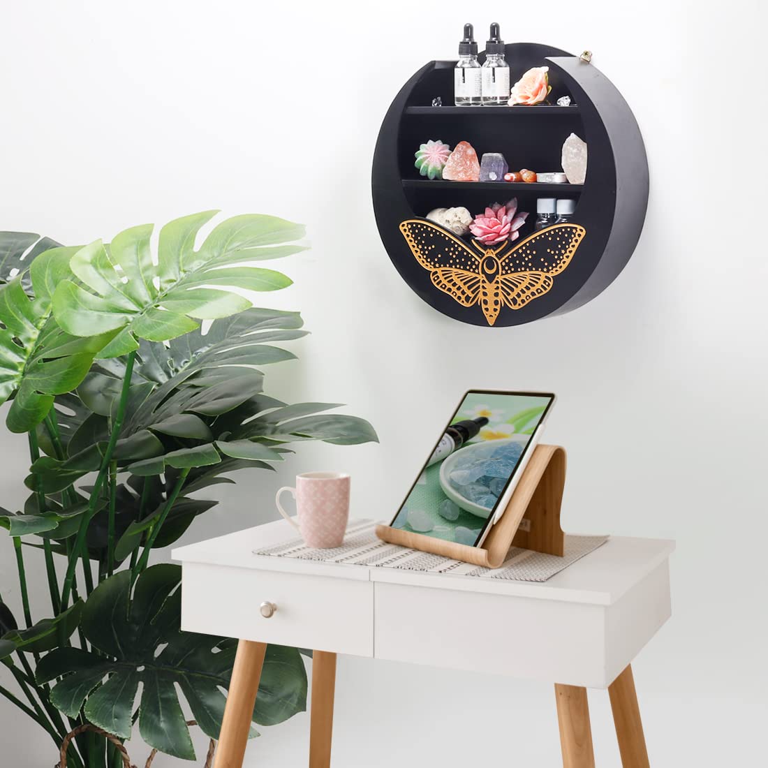 Moon Phase Shelf with Stand - Crystal Display Shelf - Boho Home Decor - Witchcraft & Gemstone Holder - Wall Mounted Moon Shelf for Crystals & Spiritual Decor - Perfect for Bedroom, Altar, or Meditation Space