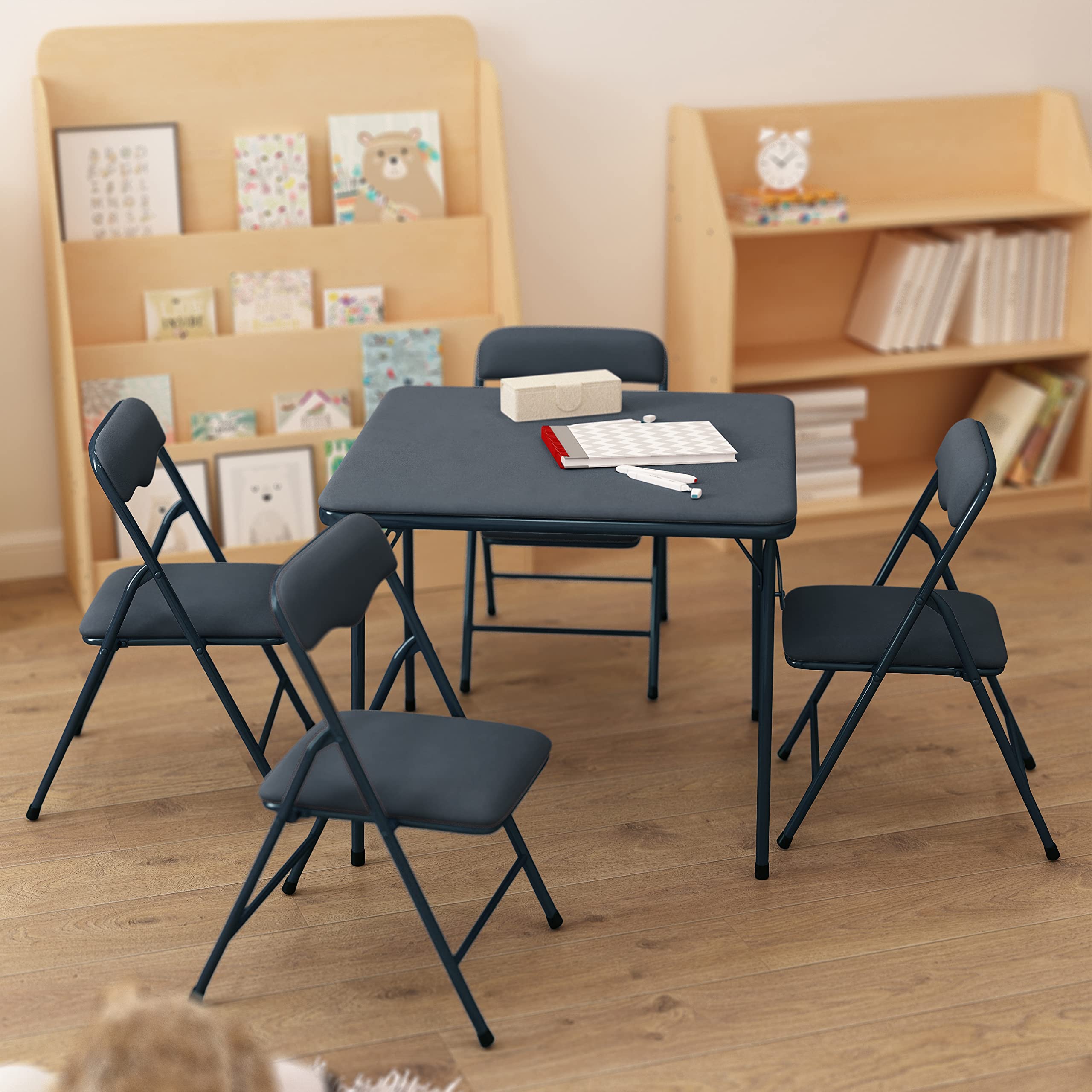 HBCY Creations 5-Piece Kids Folding Table and Chairs Set - Navy Blue - Lightweight Portable Children's Furniture with Safety Lock - Perfect for Playroom, Preschool, and Birthday Parties