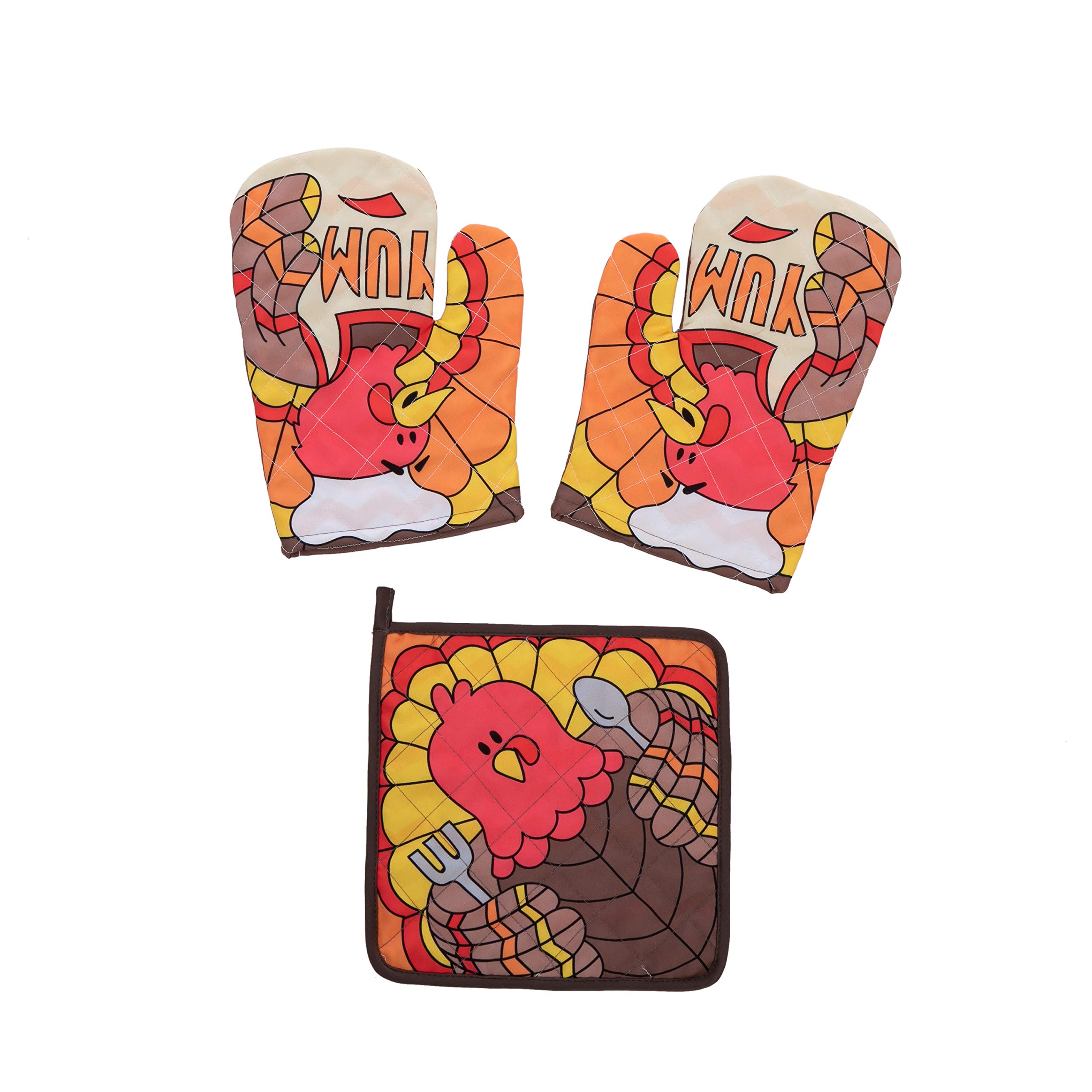 JOYIN 3-Piece Thanksgiving Kitchen Linens Set - Turkey Print Apron, Oven Mitts & Pot Holder - Holiday Cooking & Baking Accessories for Thanksgiving Dinner Prep