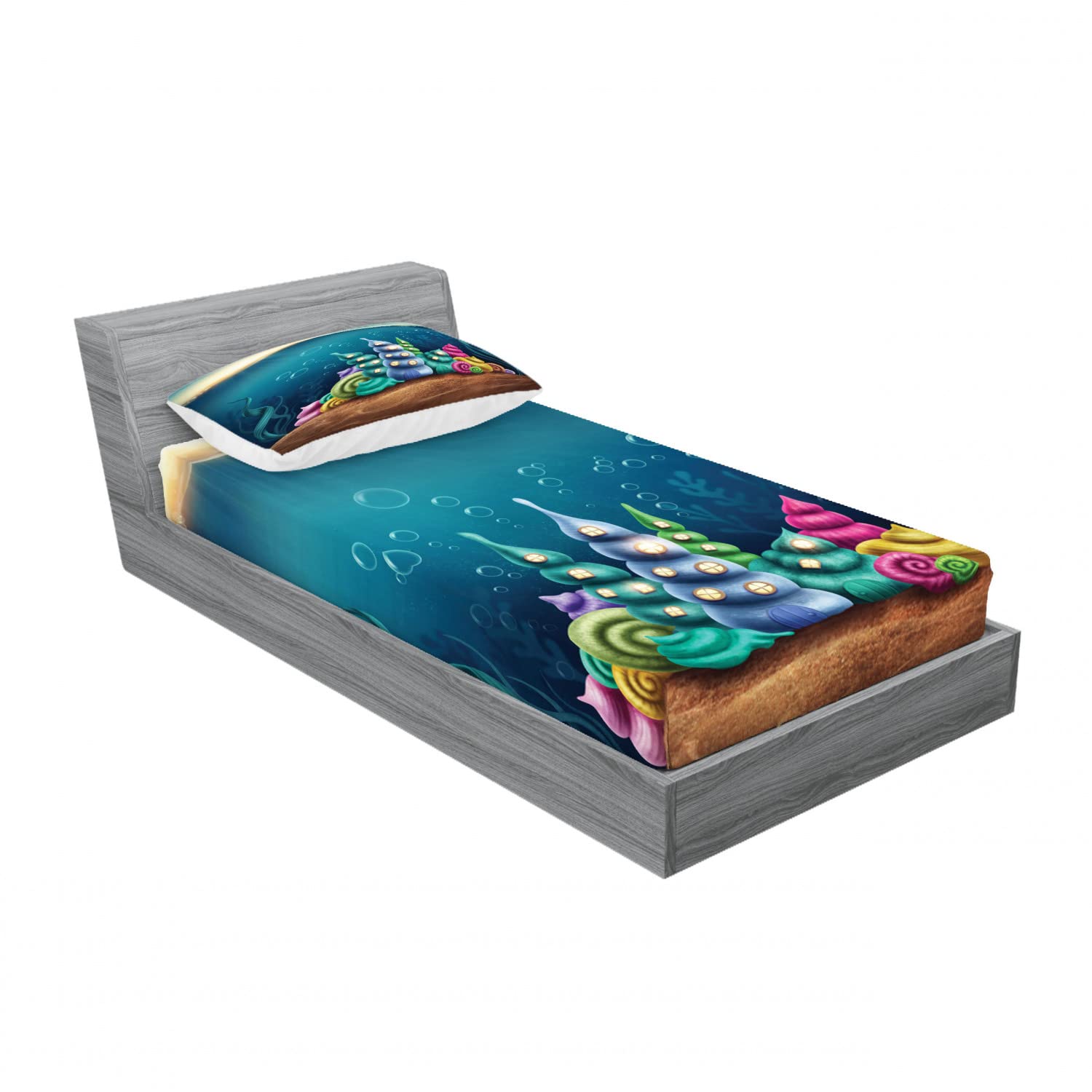 Ambesonne 2-Pack Twin Fitted Sheets & Pillow Sham Set - Ocean Shell Houses Bubbles Design, Teal Brown 4-Piece Bedding Set for Kids Room, Guest Bed or Beach House Decor