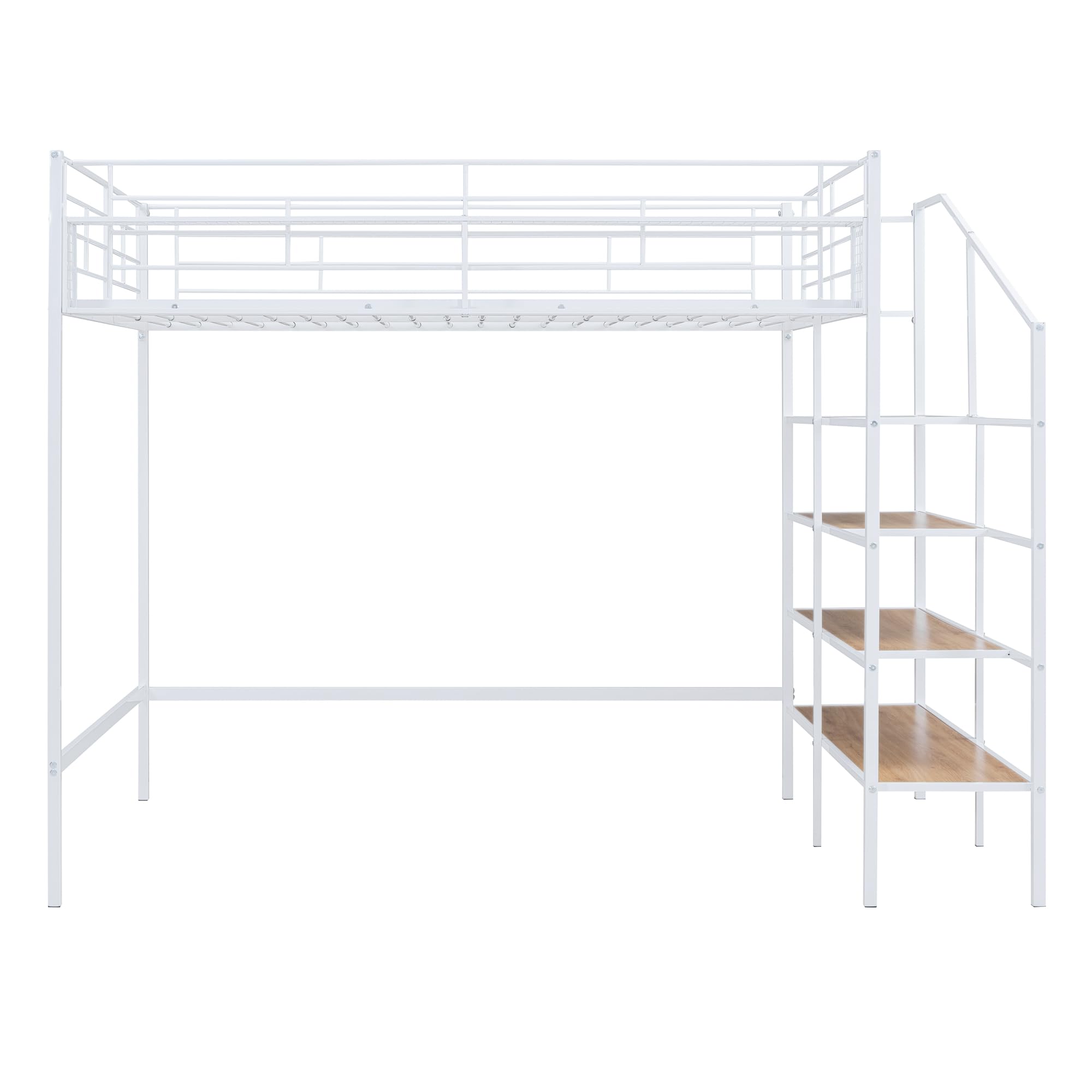 Full Size Loft Bed with Stairs - Heavy Duty Metal Loft Bed Frame with Storage Steps & Grid Shelf - Sturdy High Loft Bed for Kids, Teens & Adults - Perfect for Small Spaces, Dorms & Apartments (White)