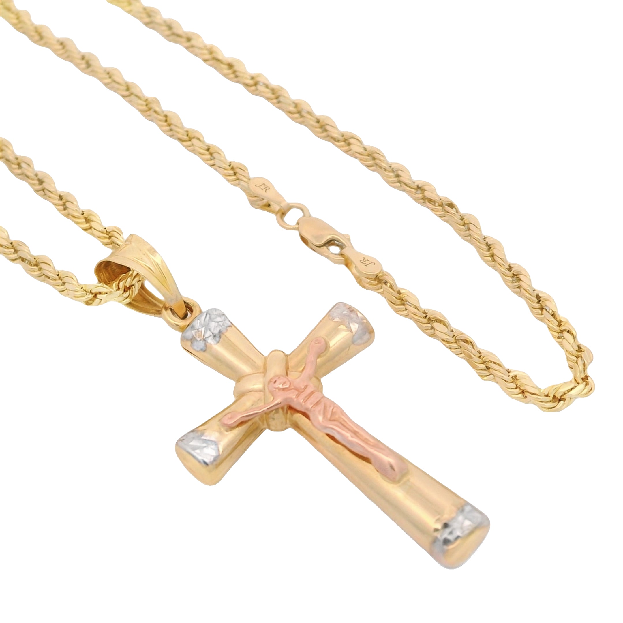 14K Tri-Color Gold Cross Pendant with Hollow Rope Chain Necklace - 22 Inches | Religious Jewelry for Women & Men | Perfect for Gifts, Baptism, Weddings & Everyday Wear (JTJ™)