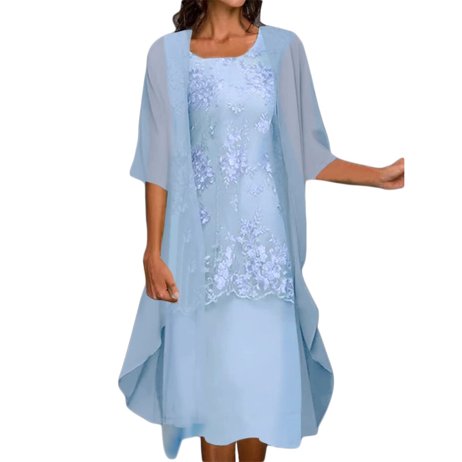 Women's Spring Casual Embroidery Dress - Round Neck Elegant Chiffon Dress with Half Sleeves & Matching Shawl Cardigan | Perfect for Garden Parties, Brunch Dates & Spring Weddings