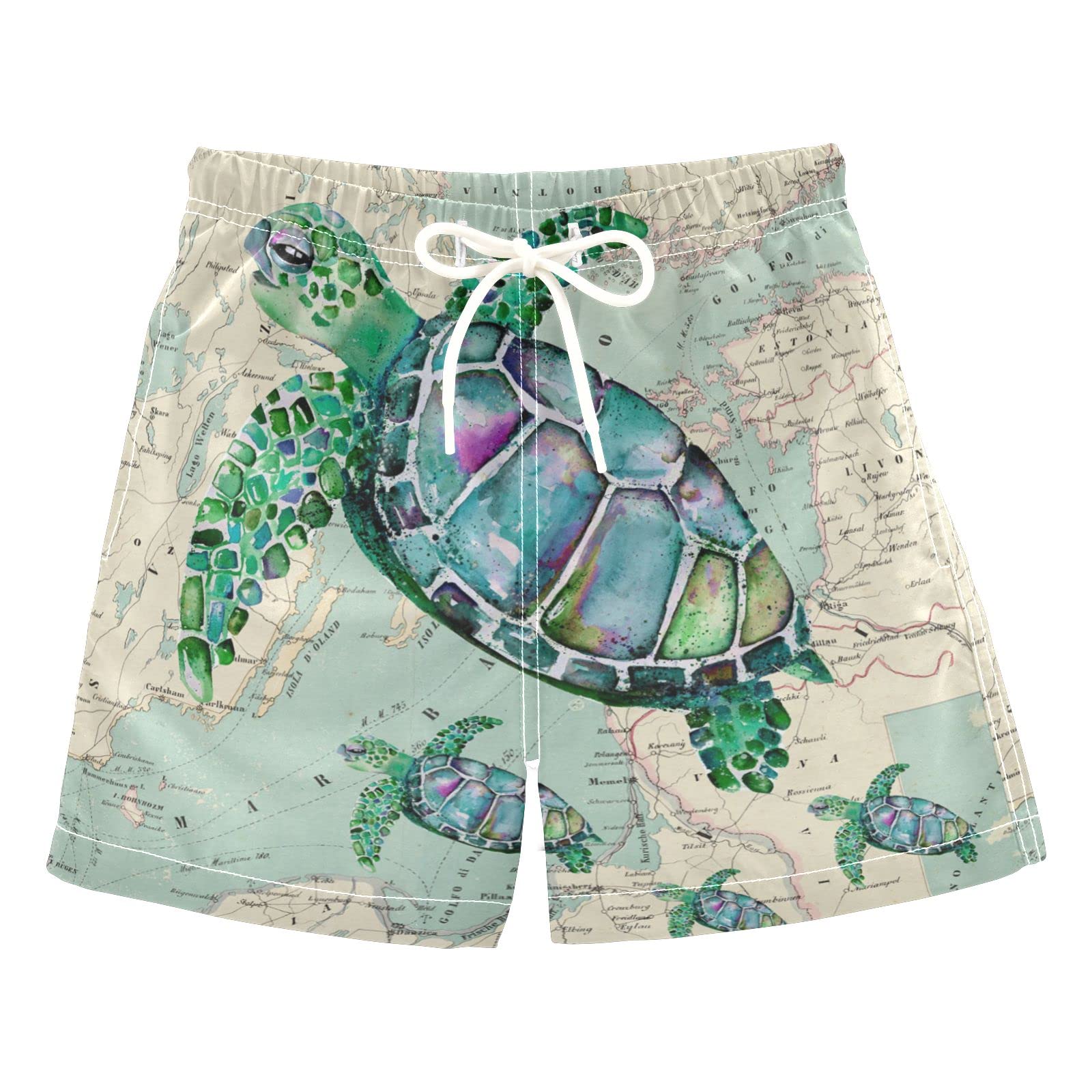 **Boys' Adjustable Sea Turtle Swim Trunks with Drawstring & Pockets - Quick-Dry Bathing Suits for Toddler Beach, Pool & Water Play**