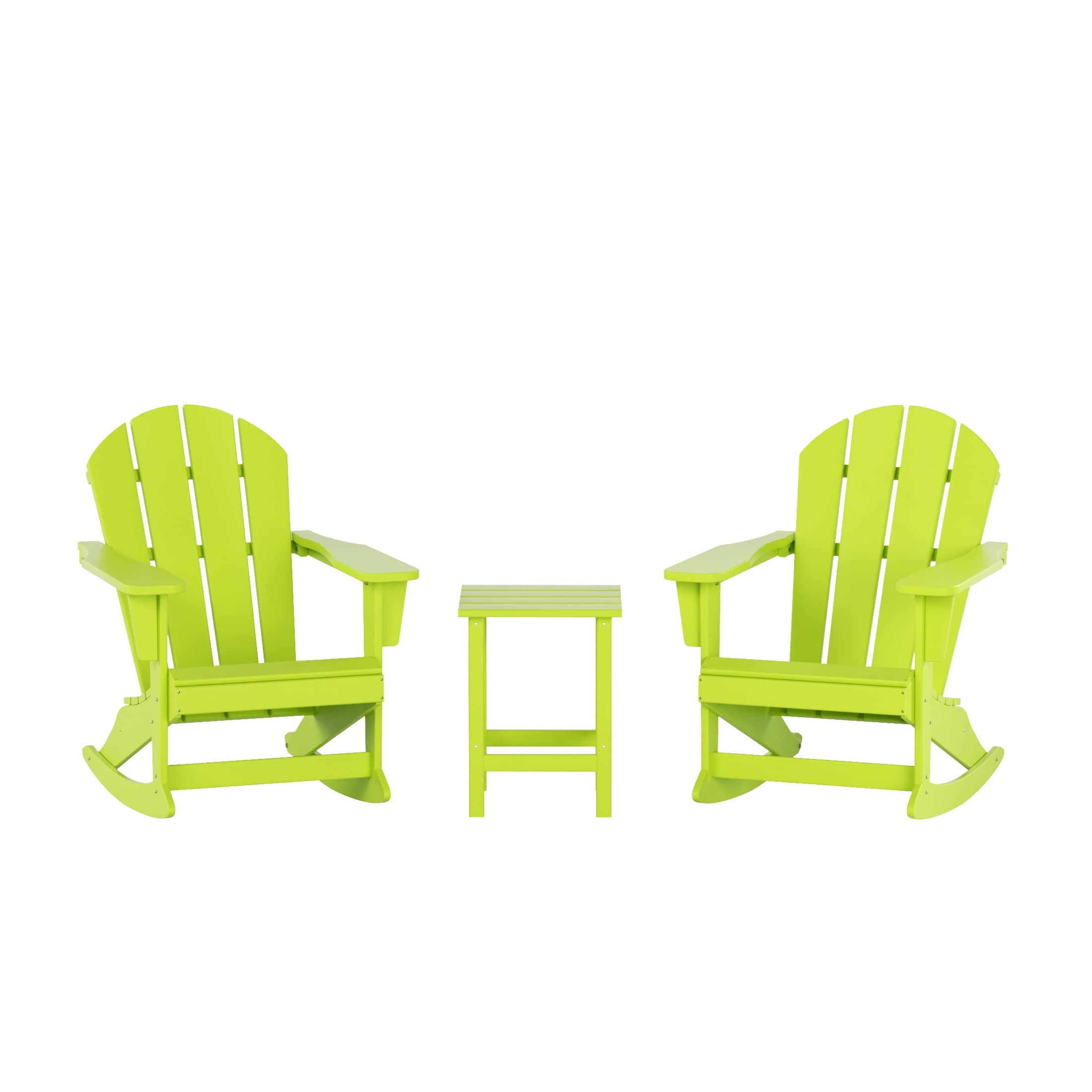 WO Home Furniture 3-Piece Patio Rocking Chair Set - Classic Outdoor Adirondack Rocker Chairs & Side Table in Lime Green - Perfect for Backyard, Garden, Deck & Poolside Relaxation