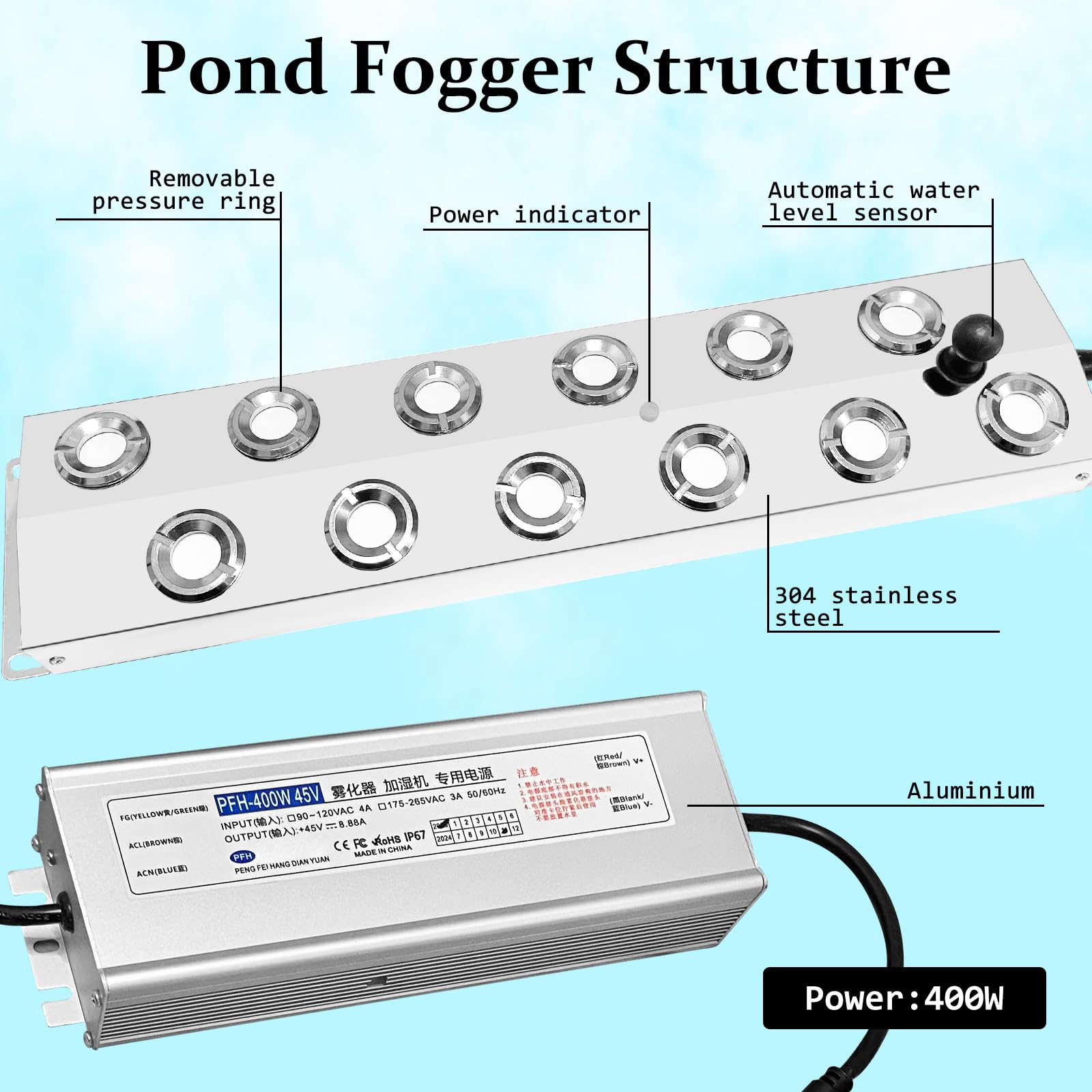 12-Head Ultrasonic Fogger Mist Maker - 400W 9000ml/H High Capacity Water Fountain Fog Machine for Indoor/Outdoor Hydroponics, Gardens & Decorative Displays