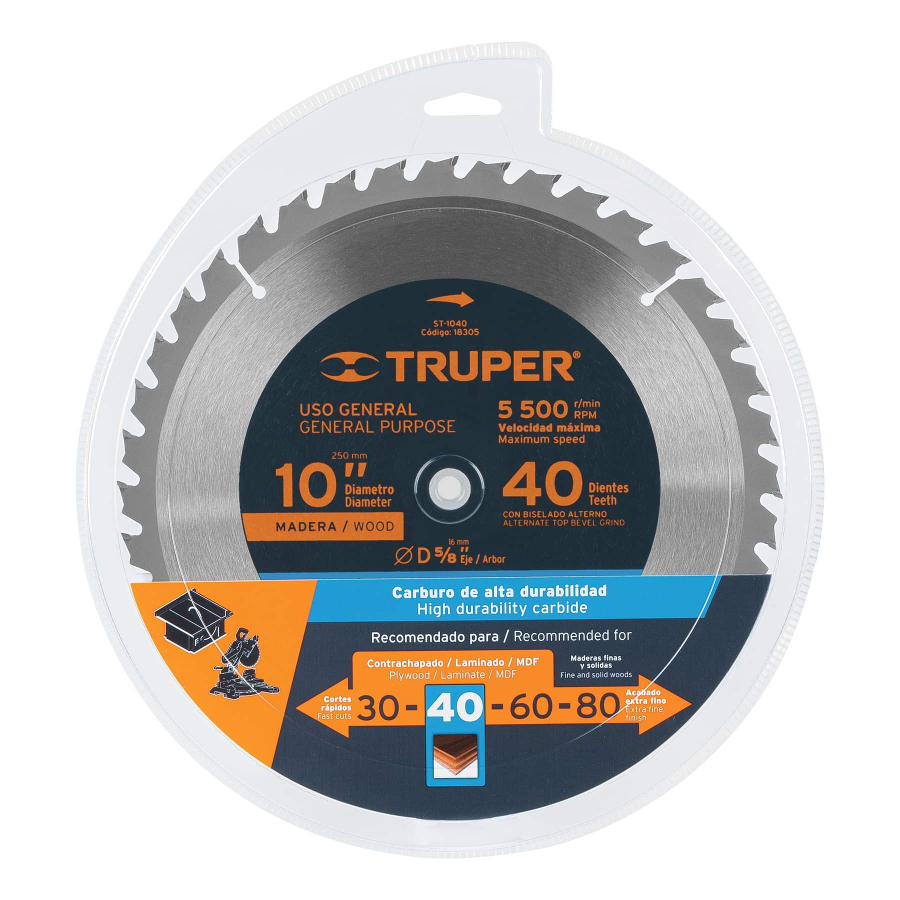 TRUPER ST-1040 10-Inch 40-Tooth Wood Cutting Saw Blade with 5/8-Inch Arbor - Perfect for Table Saws, Miter Saws & Circular Saws for Woodworking Projects