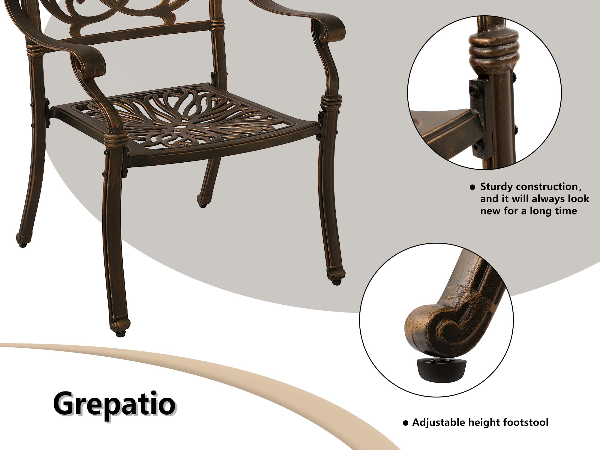 Grepatio 3-Piece All-Weather Cast Aluminum Outdoor Dining Set - 2 Patterned Back Chairs & 1 Bistro Table with Umbrella Hole - Patio, Garden, Poolside Furniture in Antique Bronze - Perfect for Backyard BBQs, Outdoor Entertaining & Relaxation
