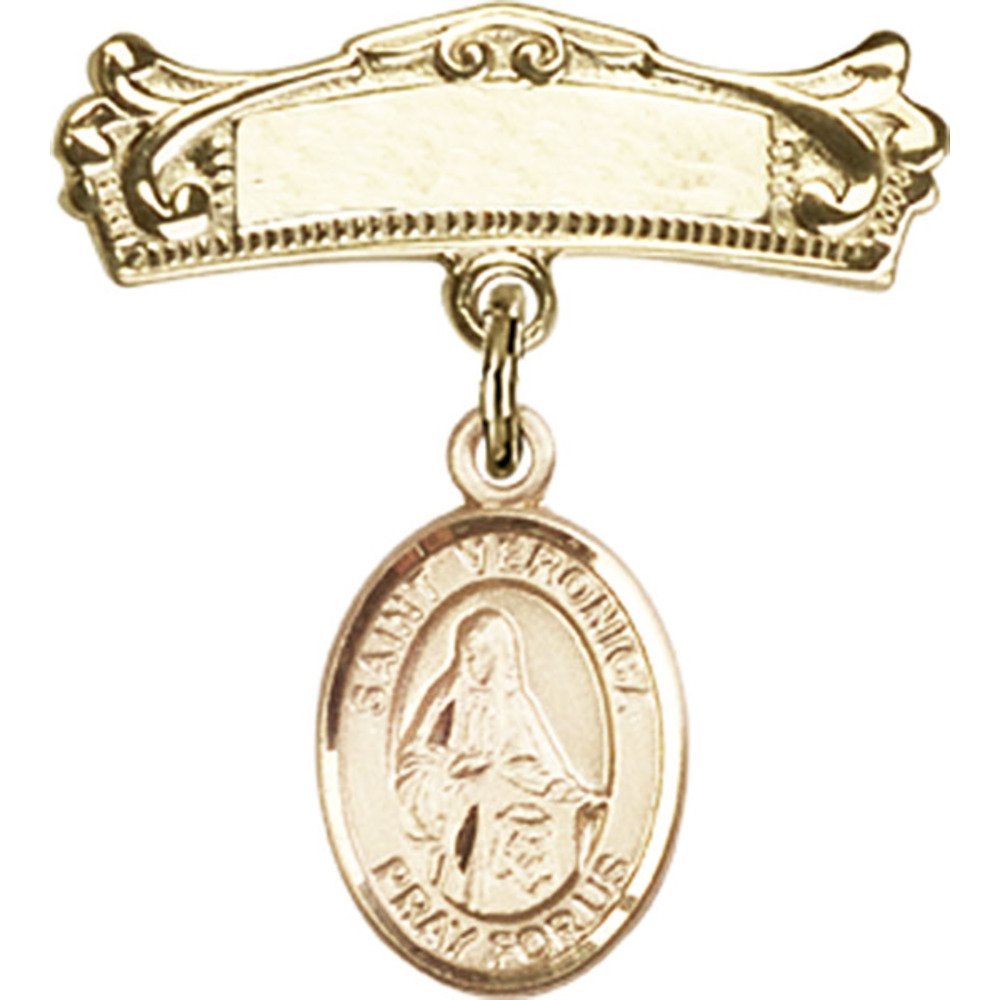 7/8 X 3/4 Inch Gold Filled Baby Badge with St. Veronica Charm & Arched Polished Pin - Perfect for Christenings, Baptisms & First Communion Gifts