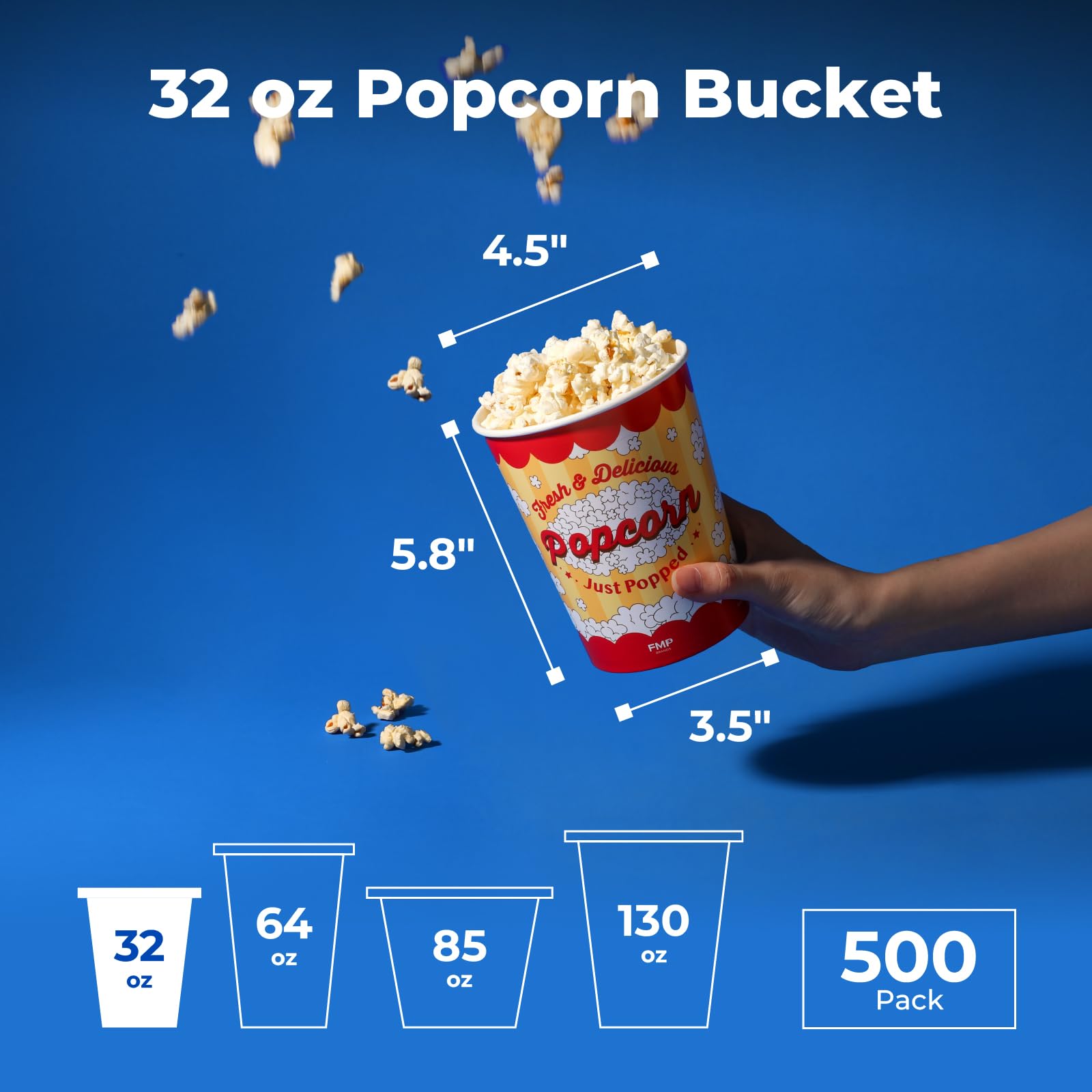 500 Pack 32 Oz Disposable Popcorn Buckets - Grease Resistant Classic Paper Bowls for Popcorn Machines, Home Theater, Movie Nights & Carnivals (Perfect for Parties, Snacks & Concession Stands)