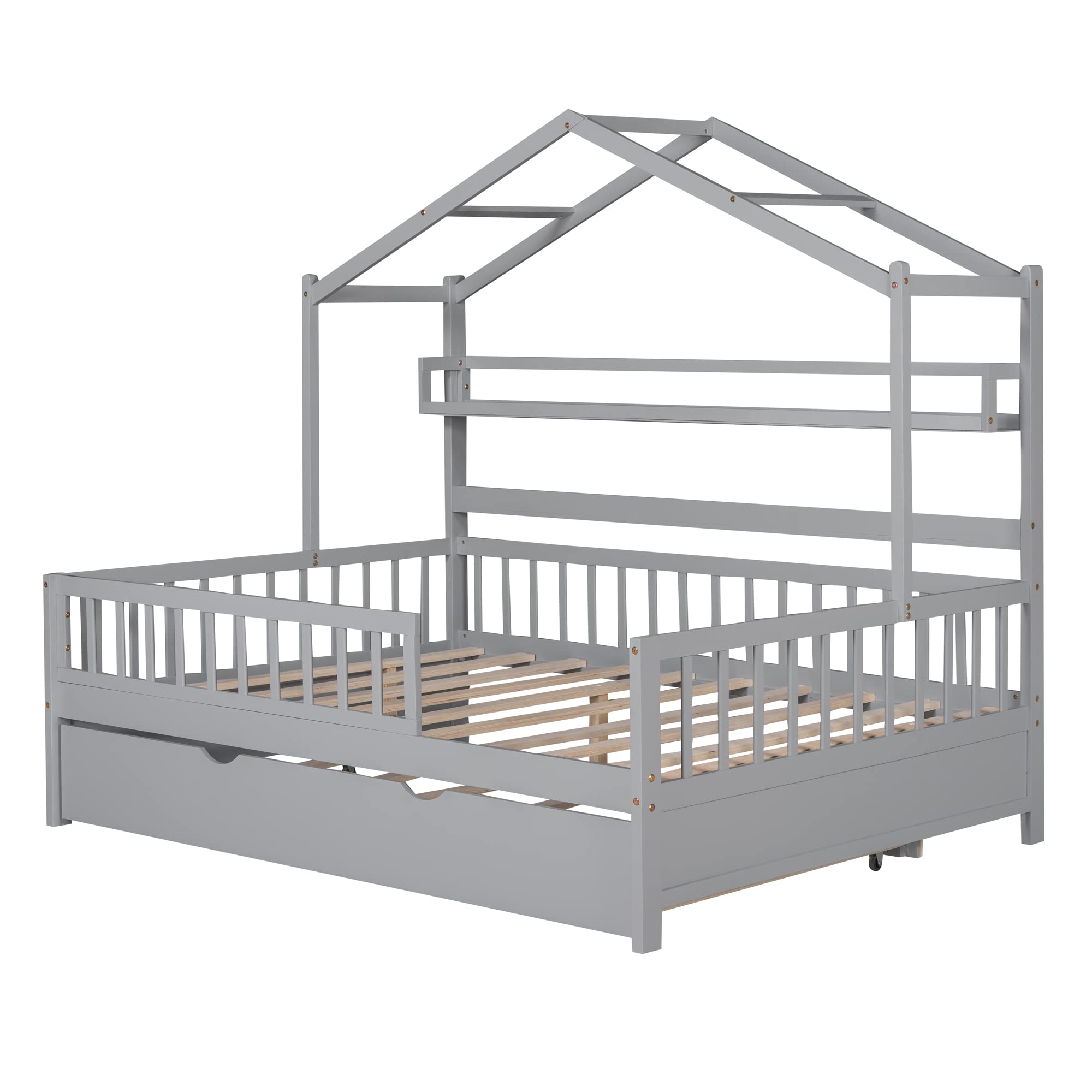 Bellemave Full Size House Bed with Trundle and Storage Shelves - Montessori Kids Bed with Safety Rails, Wooden Playhouse Tent Bed Frame for Boys & Girls (Gray) - Perfect for Bedrooms, Playrooms & Montessori Learning Spaces