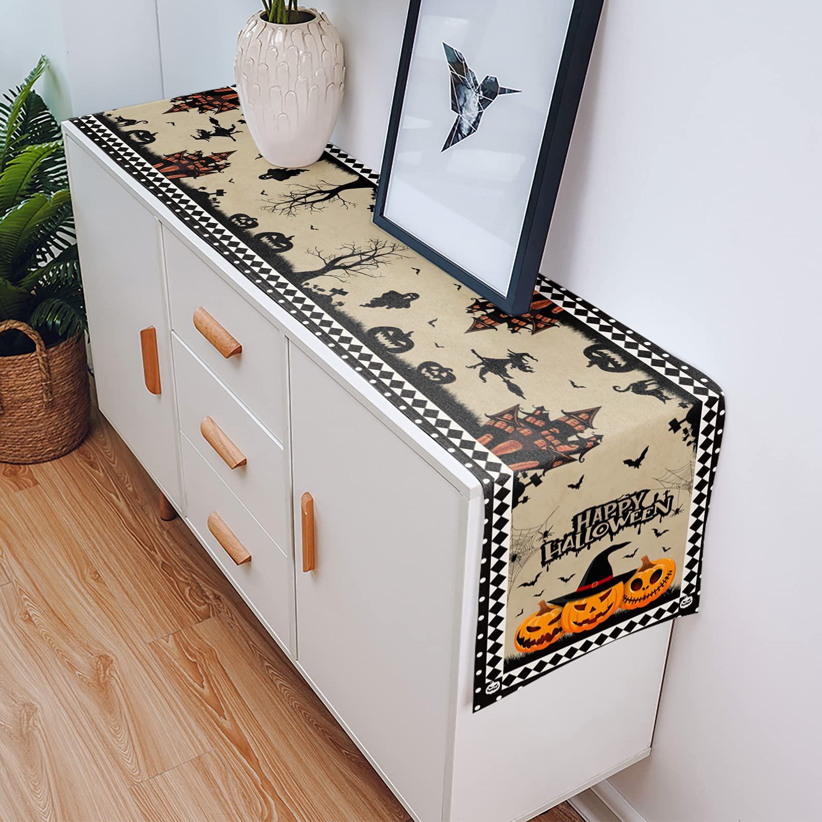 108 Inch Halloween Table Runner - Haunted House Pumpkin Design, Taupe Checkered Kitchen Dining Decor for Coffee Table, Holiday Party & Banquet | Perfect for Halloween Parties, Thanksgiving Dinners & Fall Home Decor