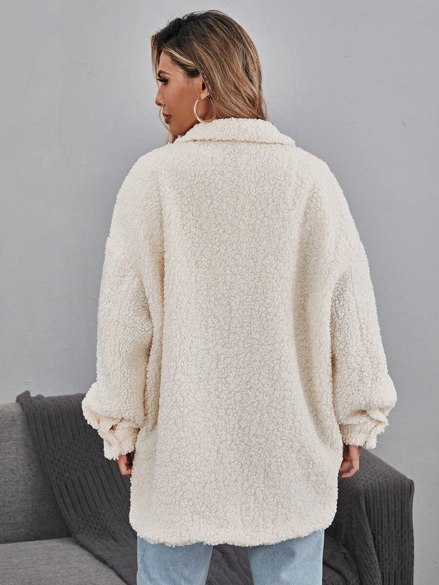 TINMIIR Women's Teddy Coat with Flap Pockets & Drop Shoulder - Soft Winter Jacket for Women (White, Size L) | Cozy Outerwear for Casual Outings & Cold Weather Fashion