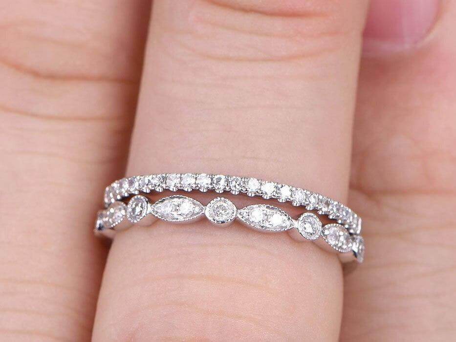 0.5 Carat 2-Piece Moissanite Diamond Wedding Ring Set - Stackable Art Deco Band Rings in 18k Gold Plating - Perfect for Bridal Jewelry, Anniversary Gifts & Stacking Ring Collections