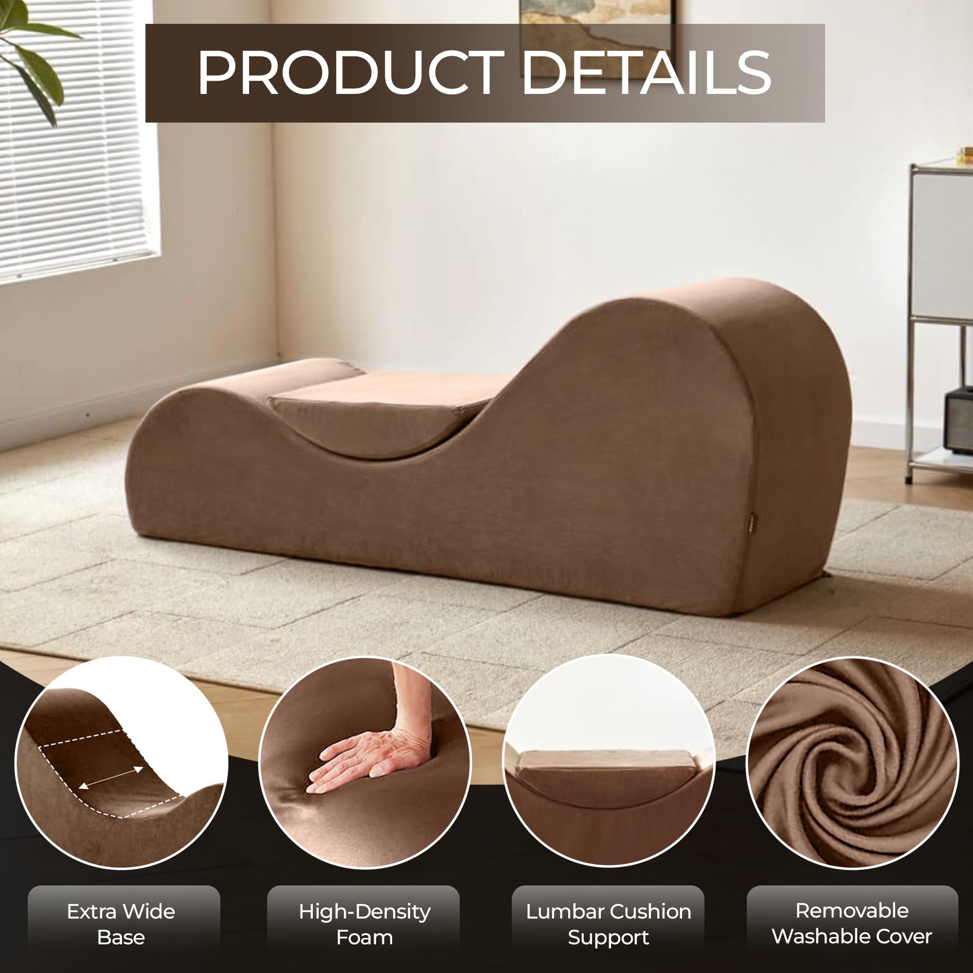 Solace Yoga Chaise Lounge Chair - Ergonomic Stretching & Relaxation Chair with High-Density Foam Core, Removable Washable Cover (Brown) - Perfect for Yoga, Pilates, Meditation & Home Spa