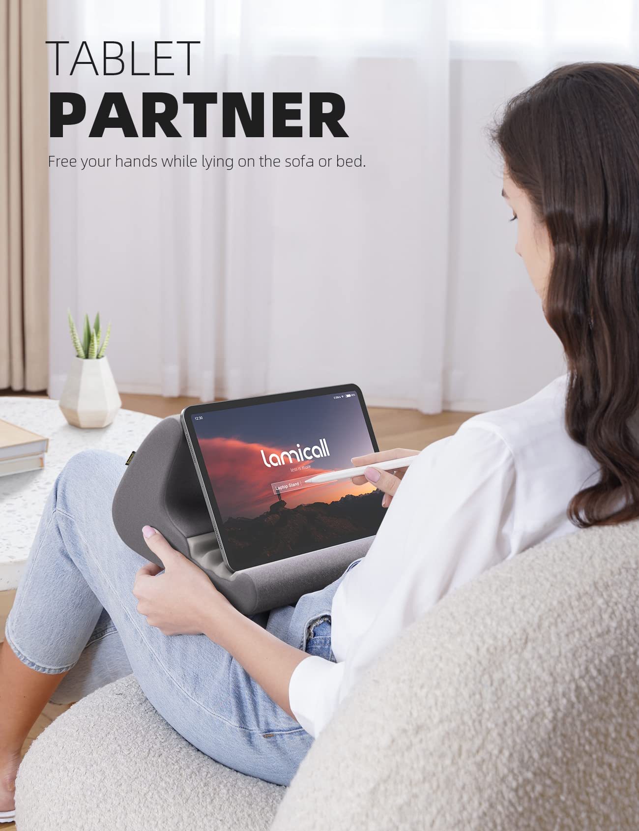 Lamicall Adjustable Tablet Stand with Soft Pillow Pad - Universal Holder for iPad Pro 12.9, Air, Mini, Kindle & Galaxy Tab (4-13 Inch) | Bed & Lap Desk Dock with Stylus Mount & Storage Pocket | Dark Grey | Perfect for Reading, Watching Movies & Working in Bed or on the Couch
