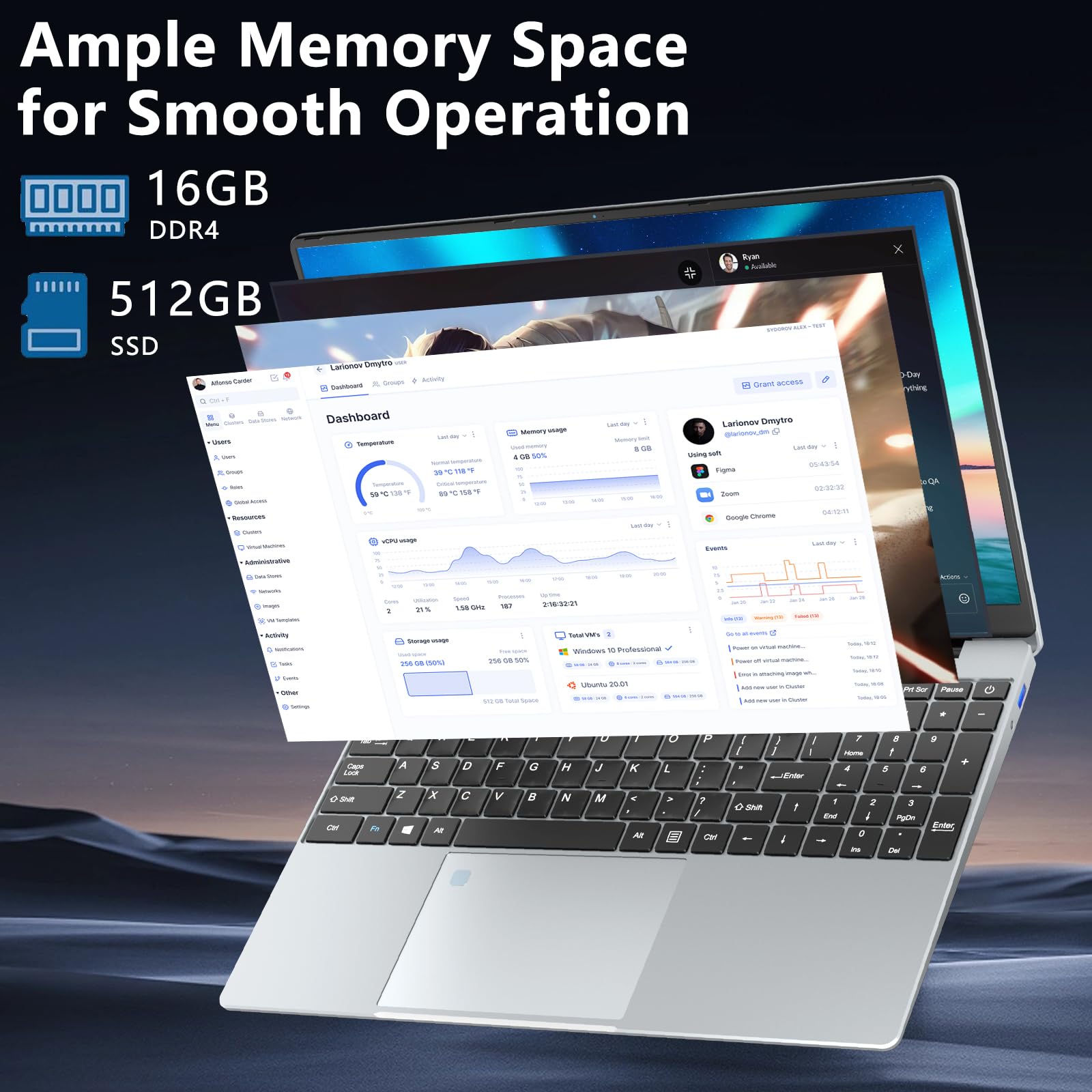 15.6 Inch Gaming Laptop with 16GB RAM & 512GB SSD - Intel N5095 Processor, 180° Hinge, Backlit Keyboard & Fingerprint Unlock - 1920x1080 FHD IPS Display - Perfect for Work, School & Entertainment