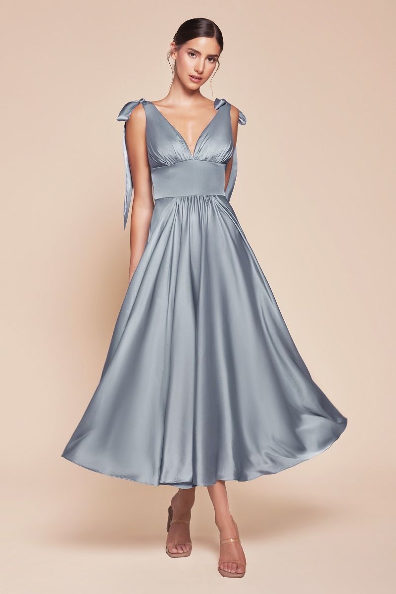 Elegant Dusty Blue Maggie Midi Dress - Soft Satin A-Line Tea Length Dress for Women | Perfect for Weddings, Parties & Special Occasions