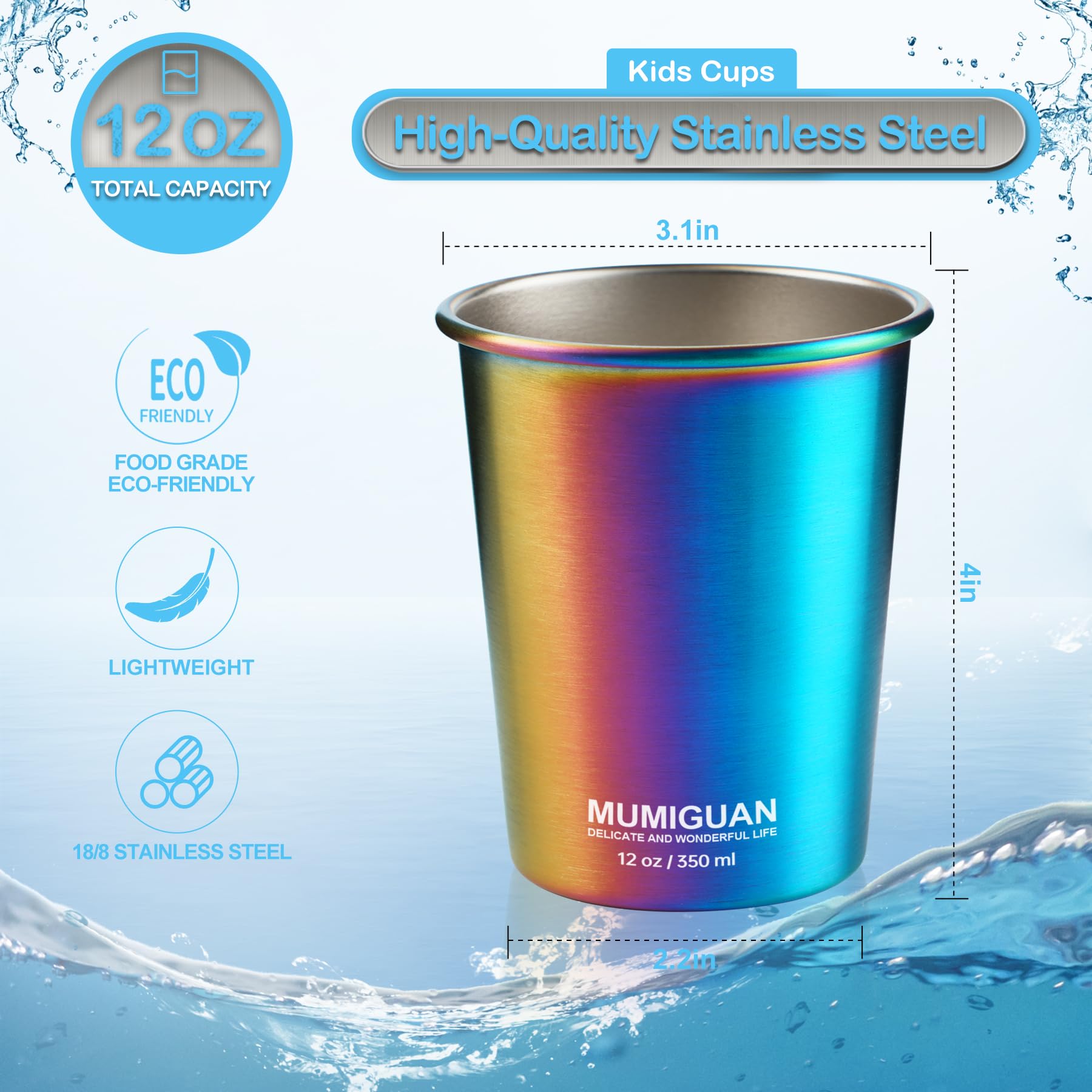 12oz Stainless Steel Kids Cups (4 Pack) - Rainbow Electroplated, BPA-Free, Stackable Metal Drinking Glasses for Toddlers - Perfect for Camping, Travel, and Everyday Use