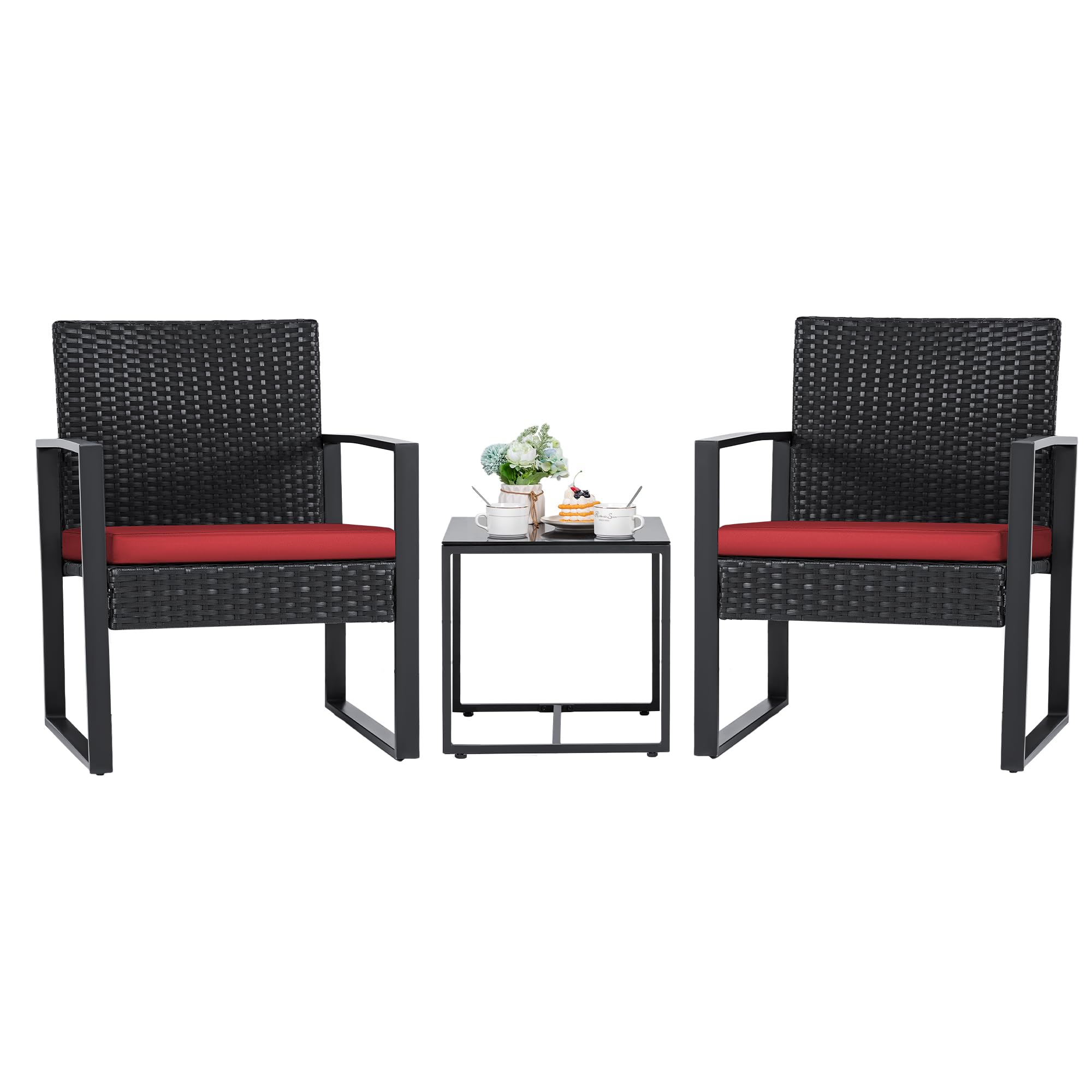 Flamaker 3-Piece Wicker Patio Furniture Set - Modern Outdoor Rattan Chairs with Coffee Table for Garden, Yard, Bistro & Backyard (Red) - Perfect for Relaxing, Entertaining & Outdoor Dining