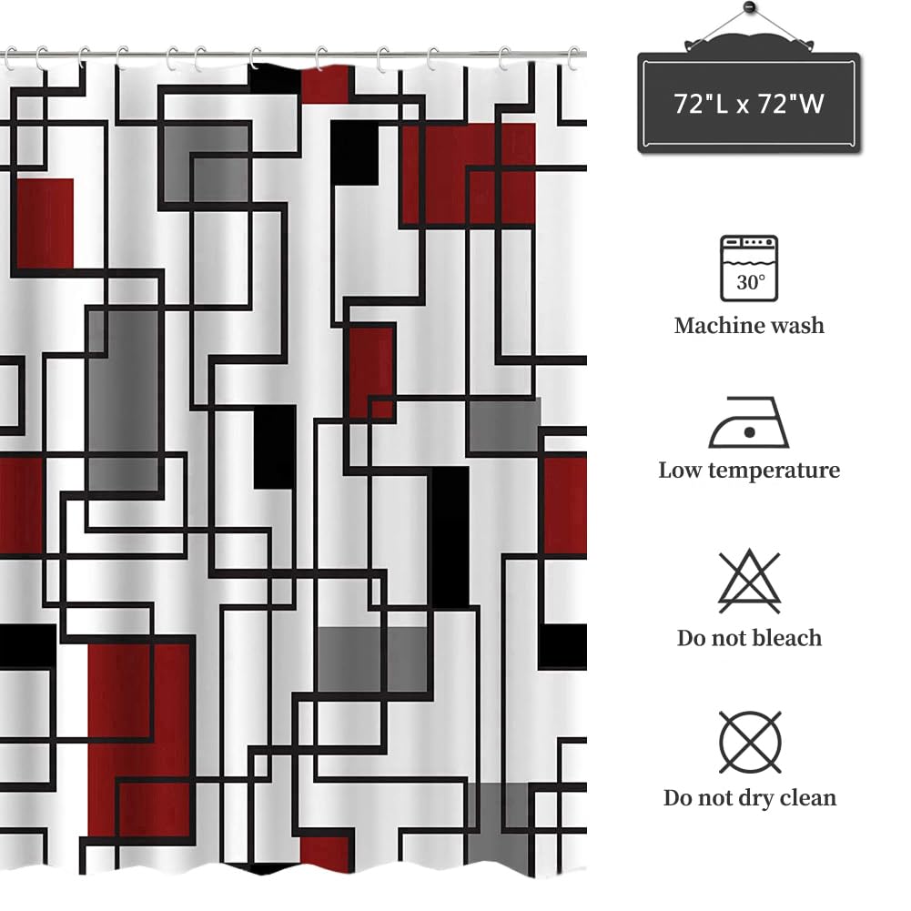 Modern Geometric Shower Curtain Set - Red Black Gray Waterproof Bathroom Curtain with 12 Hooks, 72x72 Inches Washable Polyester Fabric for Stylish Home Decor - Perfect for Bathroom, Dorm, Apartment & Hotel Use