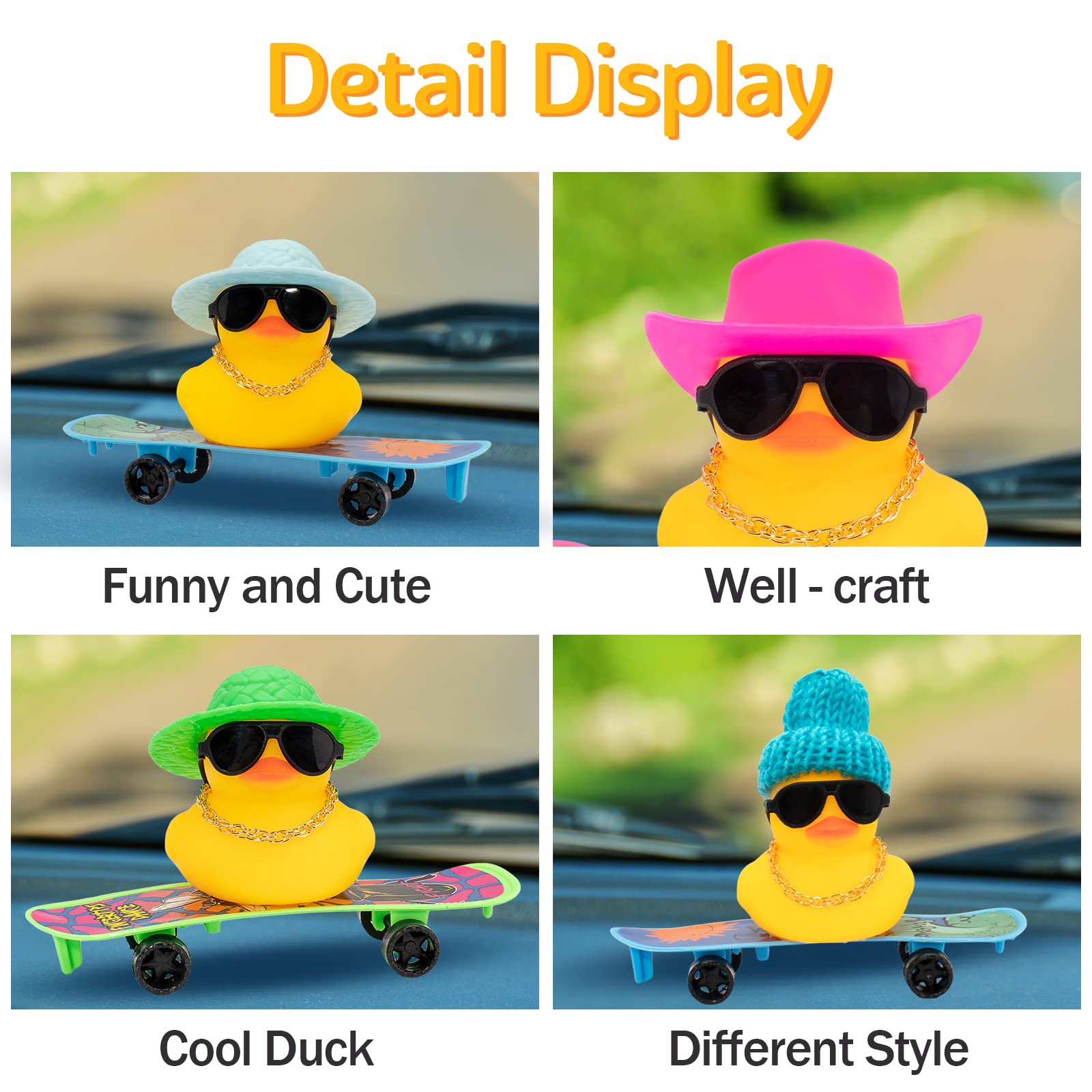 Wonuu Rubber Duck Car Dashboard Ornament - Cute Decorative Accessory with Mini Hat, Necklace, Sunglasses, Chair & Skateboard - Perfect for Car Interior Decor, Gifts & Fun Office Desk Accessories