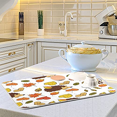 16x18 Inch Autumn-Themed Dish Drying Mat - Fast Absorbent Kitchen Counter Decor with Maple Leaves & Hedgehog Design | Heat-Resistant Tableware Pad, Baby Bottle Rack & Drainer Mat for Fall Kitchen Accessories | Perfect for Holiday Entertaining & Cozy Home Decor