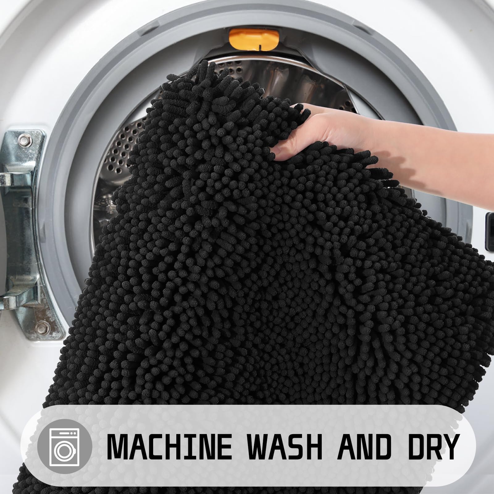 Luxury Chenille Shaggy Bathroom Rug Mat - 32'' x 20'' Extra Soft & Thick Absorbent Non-Slip Bath Mat for Bath Floor, Tub and Shower - Machine Washable - Black - Perfect for Bathroom, Spa and Home Decor